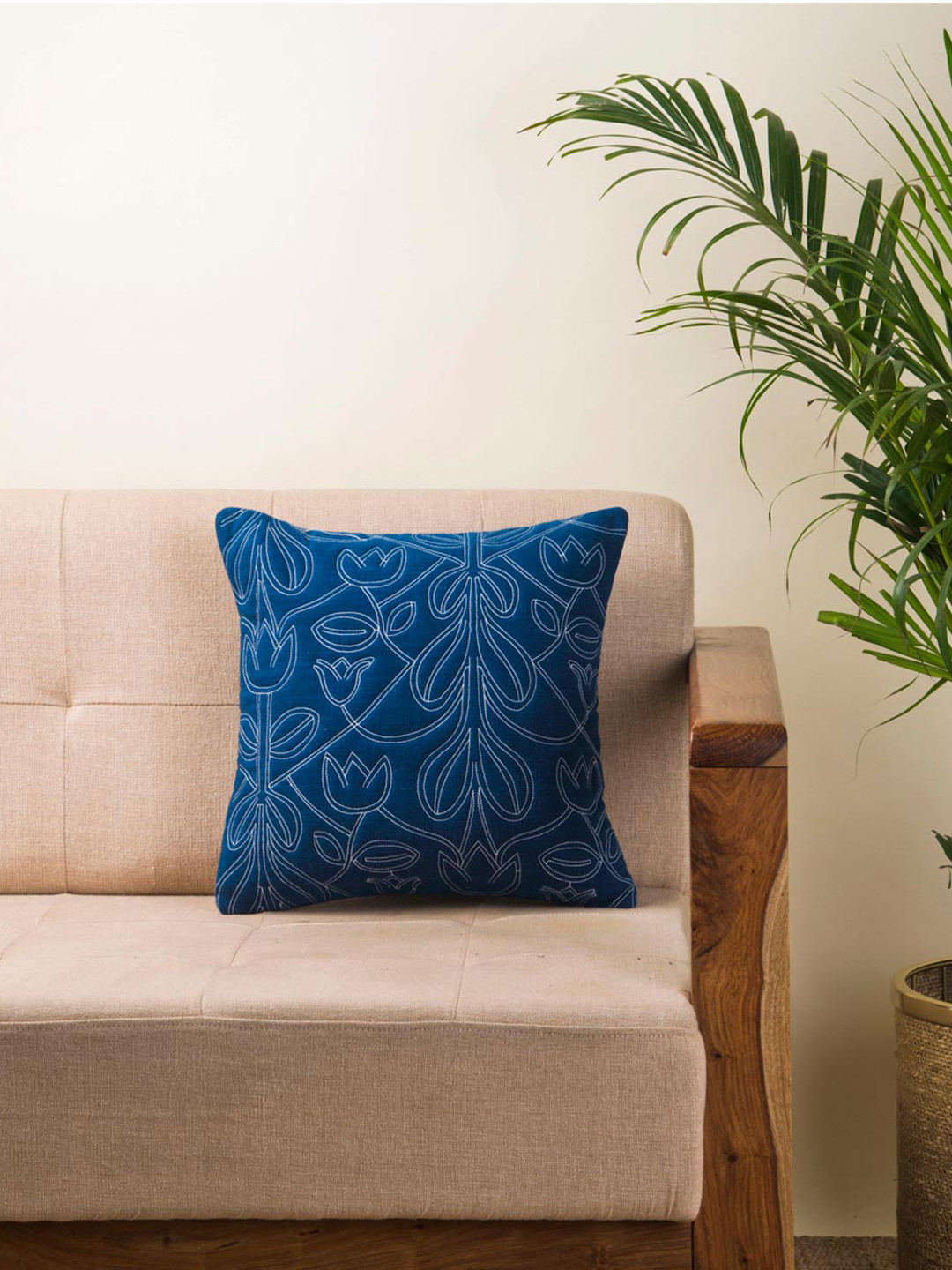 

Fabindia Blue & White Embroidered Cotton Square Cushion Cover