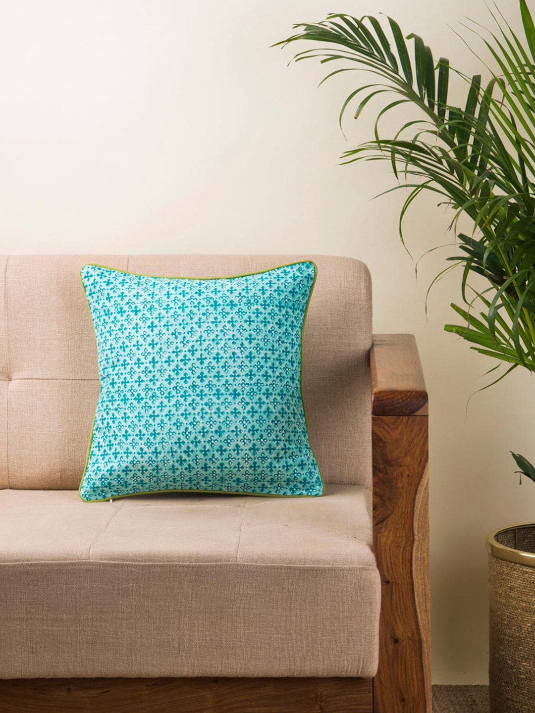 

Fabindia Blue & White Ethnic Motifs Cotton Square Cushion Cover