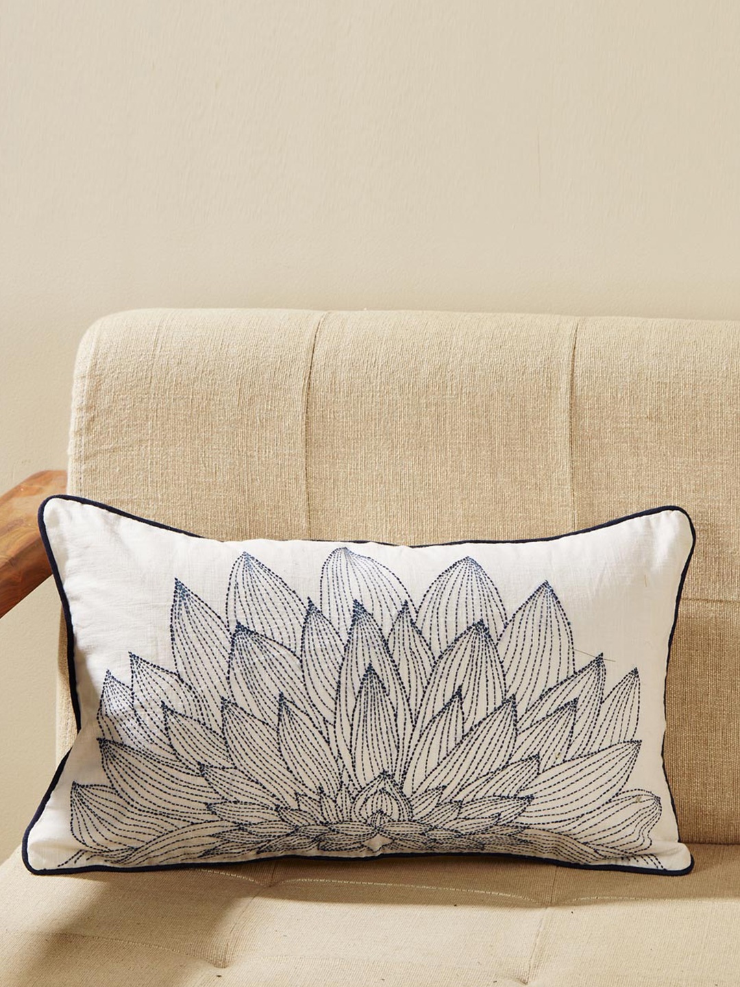 

Fabindia Off White & Blue Embroidered Rectangle Cushion Cover