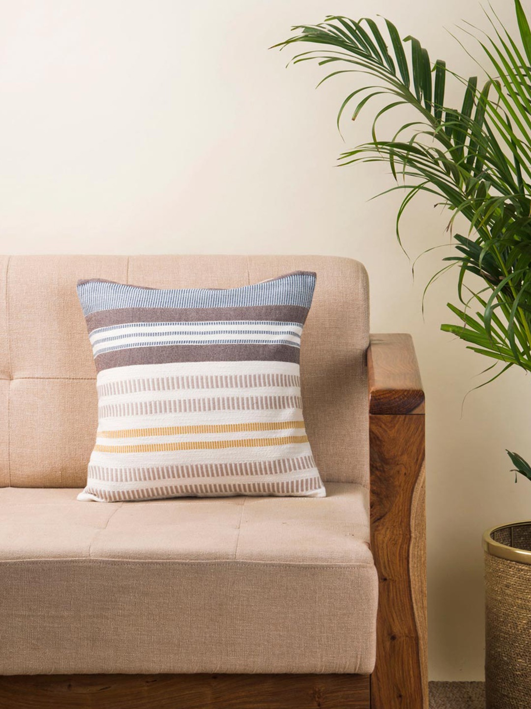 

Fabindia Rhythm White & Blue Striped Square Cushion Cover