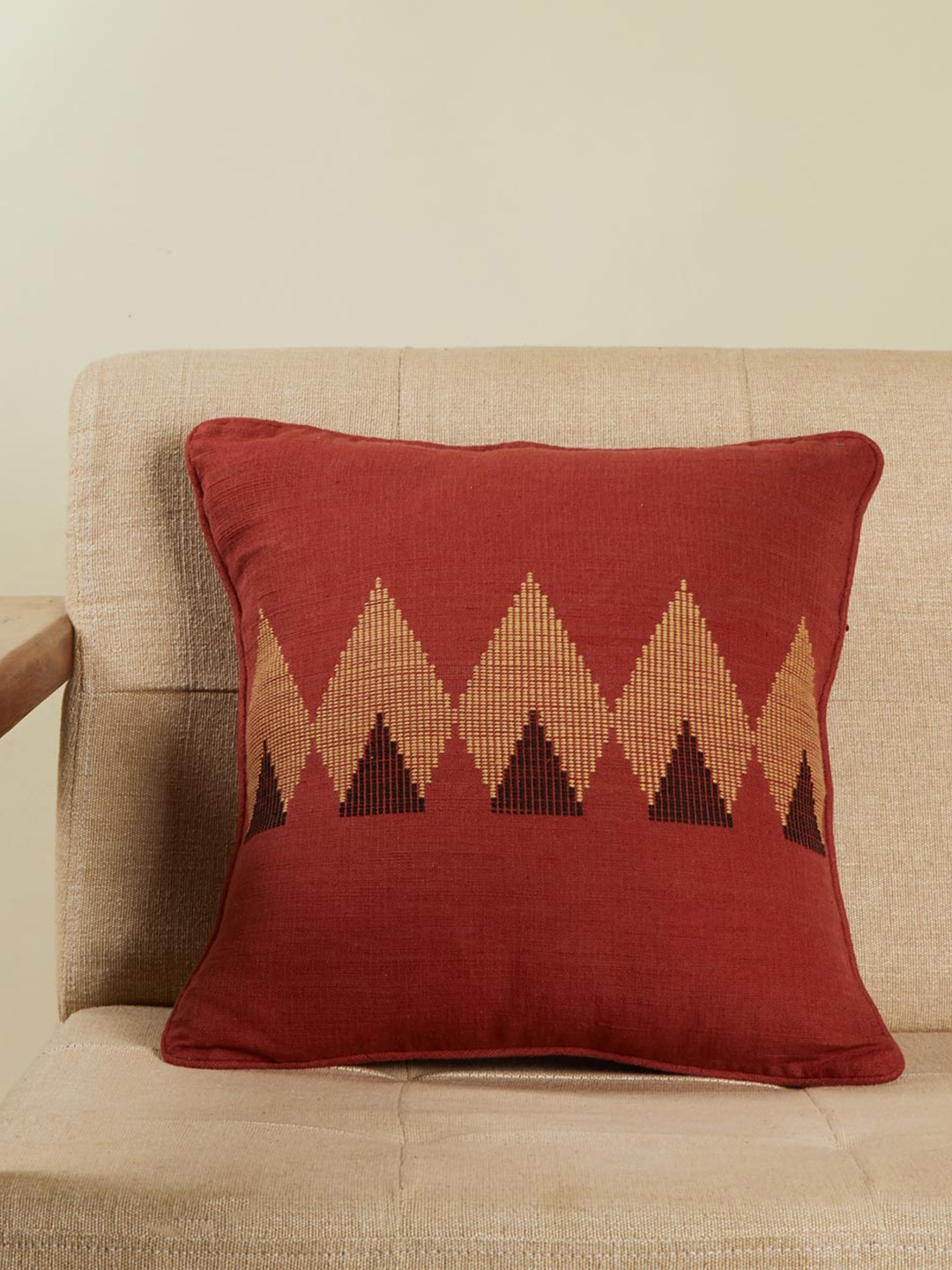 

Fabindia Rust & Yellow Geometric Cotton Square Cushion Cover