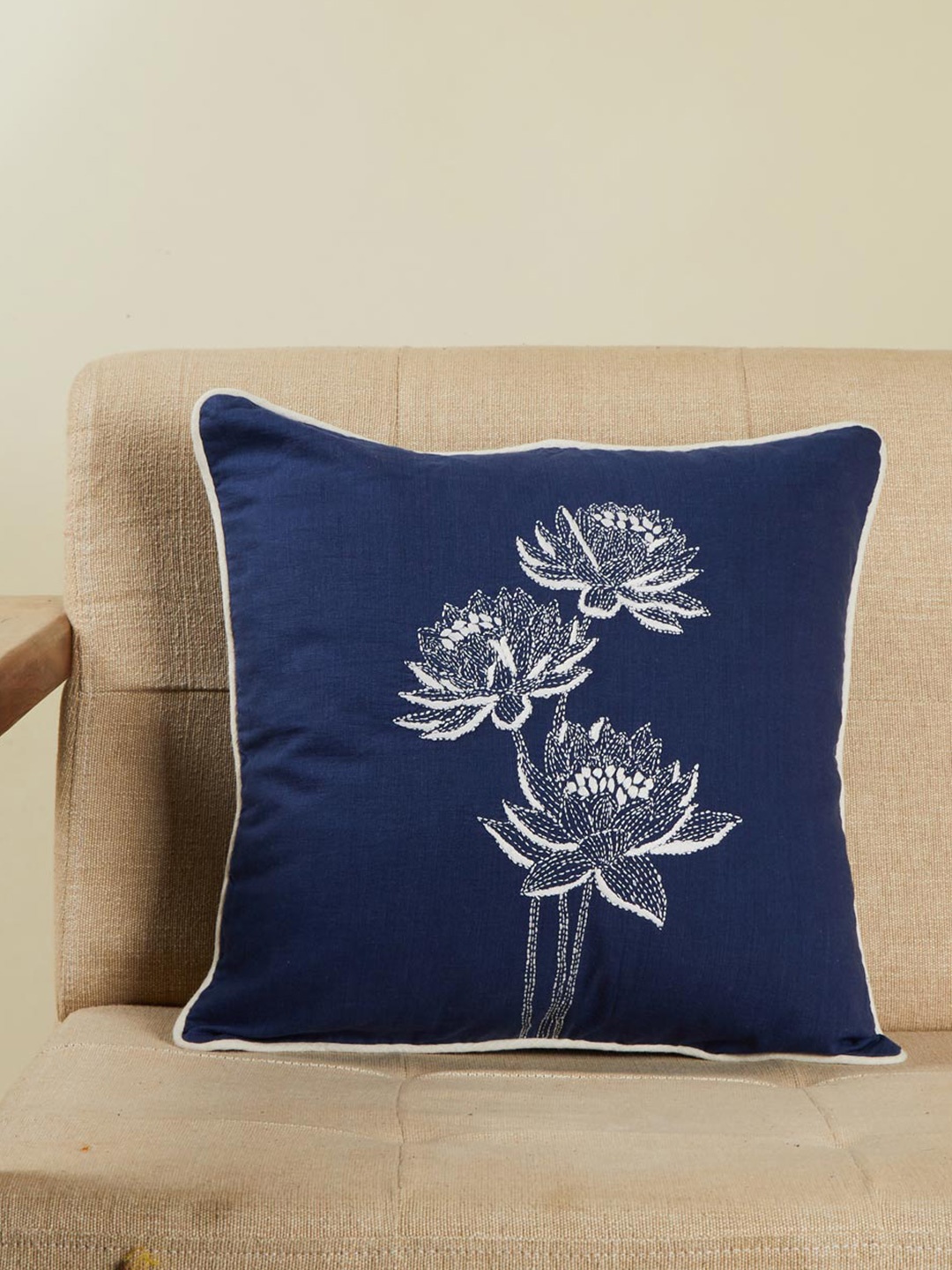 

Fabindia Padam Blue & White Embroidered Cotton Square Cushion Cover