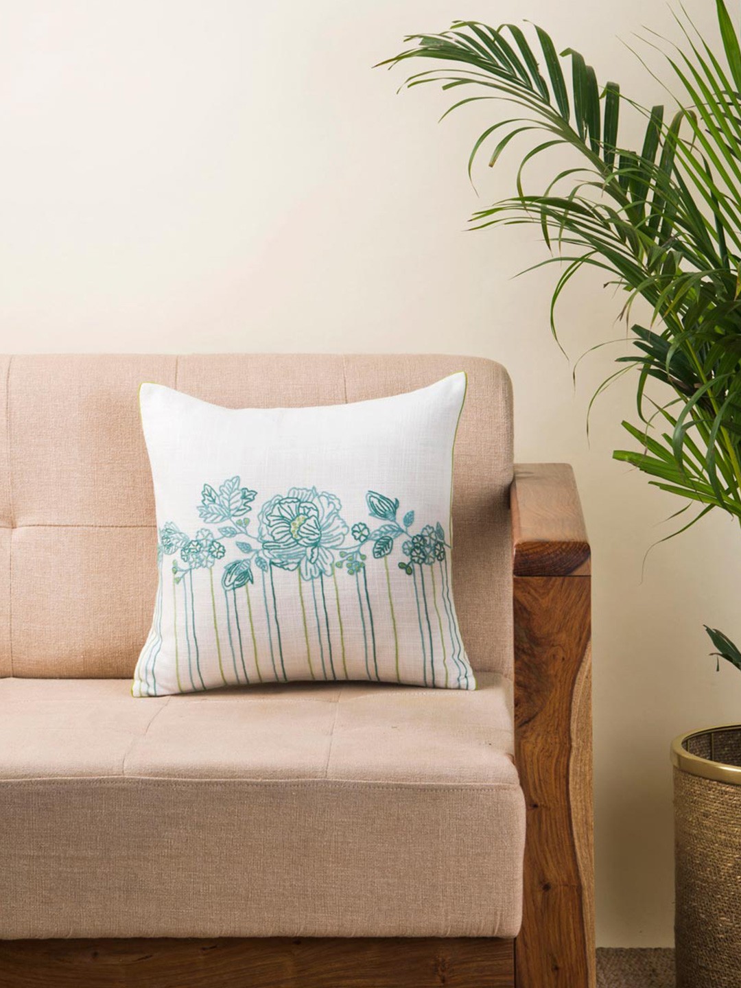

Fabindia Blue & Green Embroidered Cotton Square Cushion Cover