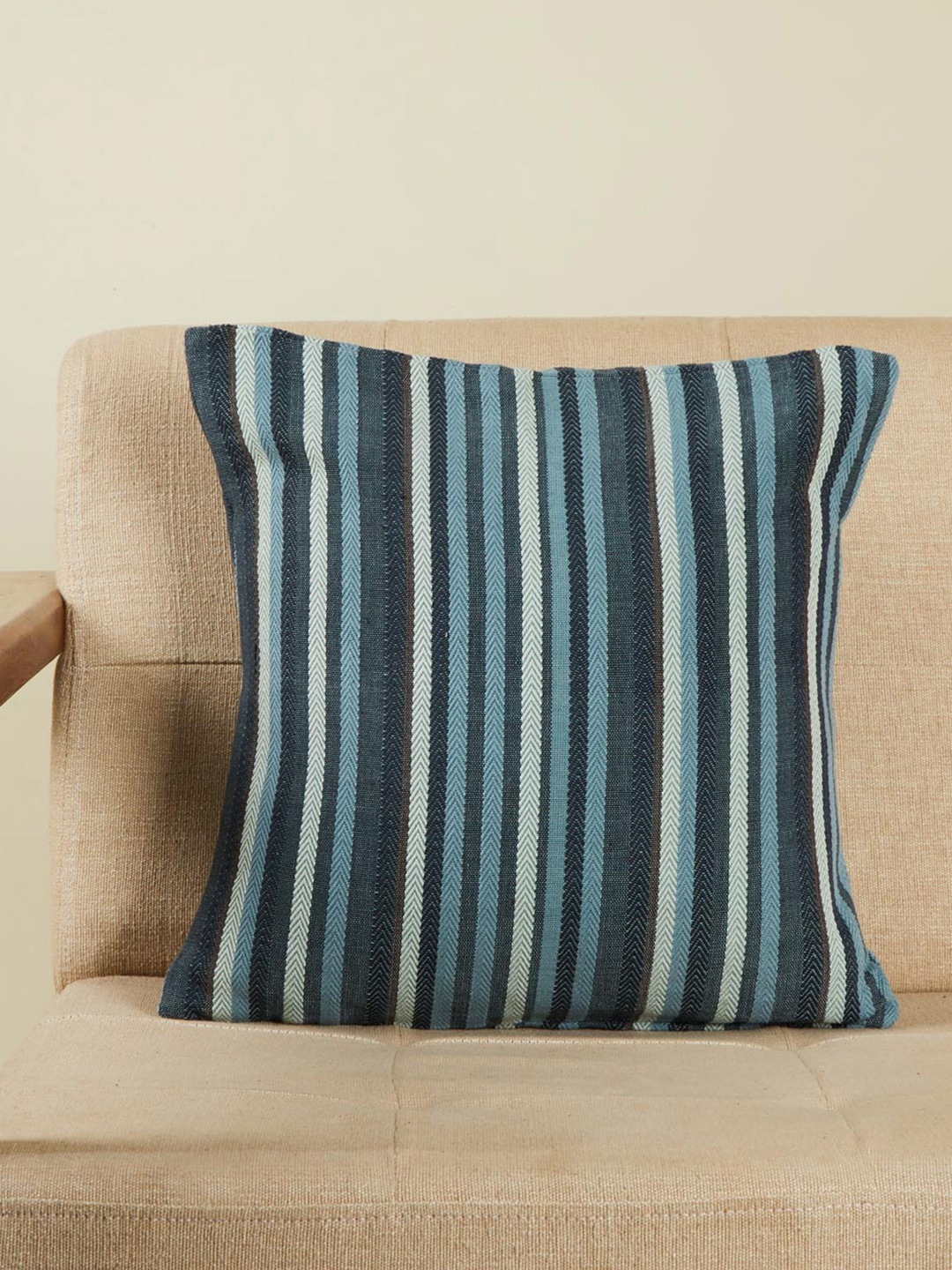 

Fabindia Green & Blue Striped Cotton Square Cushion Cover
