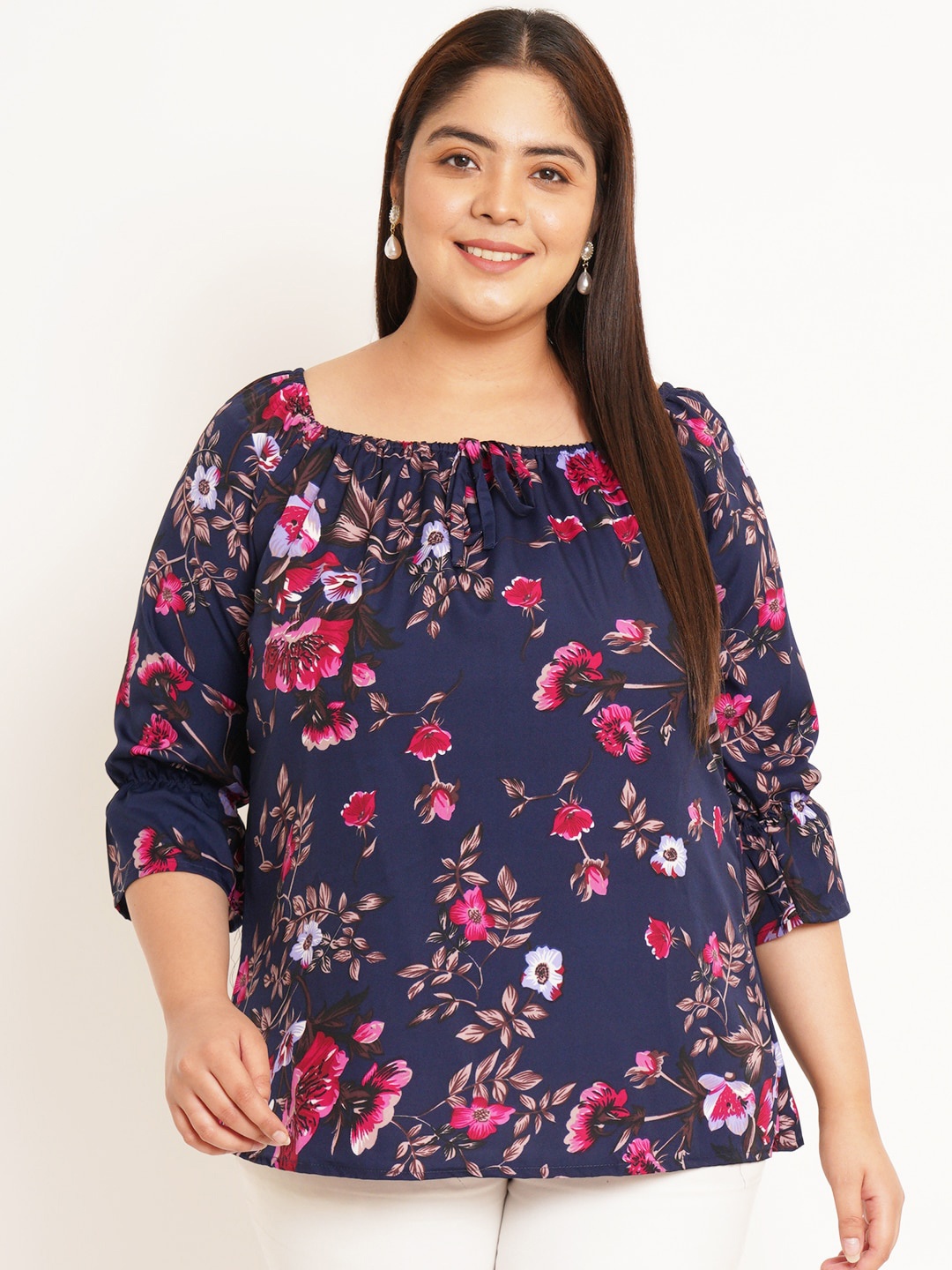 

U&F Beyond Plus Size Floral Printed Puff Sleeve Top, Blue