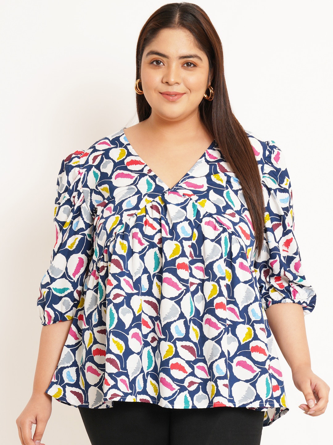 

U&F Beyond Plus Size Floral Printed Puff Sleeve Gathered Or Pleated Empire Top, Blue