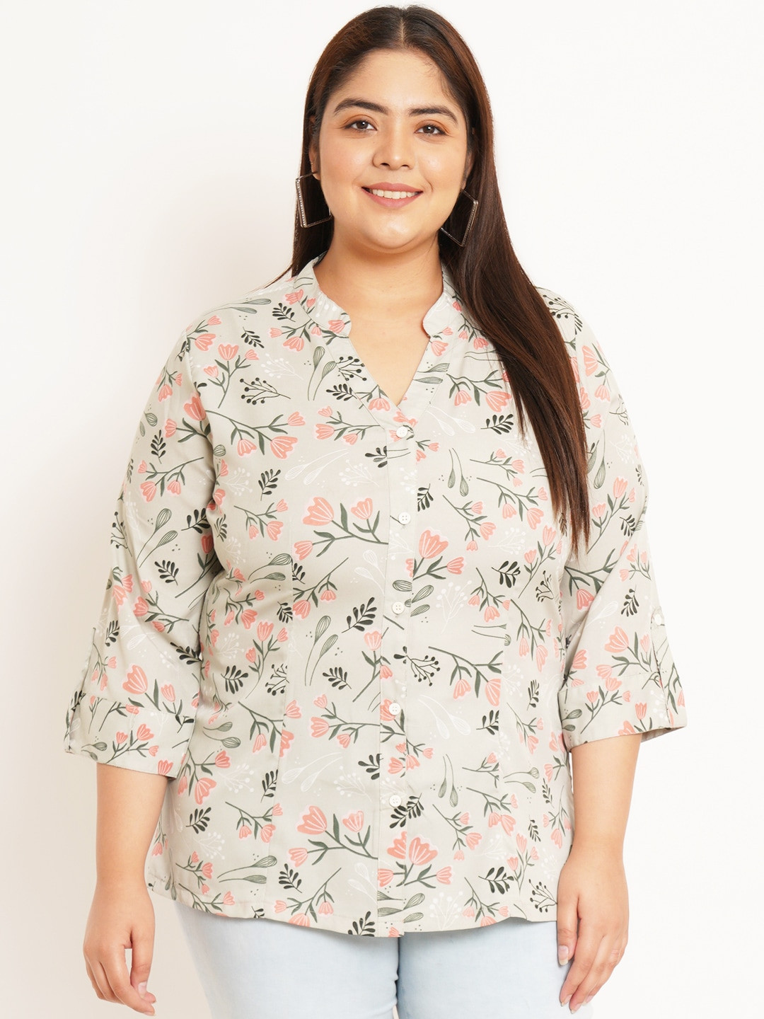 

U&F Beyond Plus Size Floral Printed Mandarin Collar Shirt Style Top, Cream