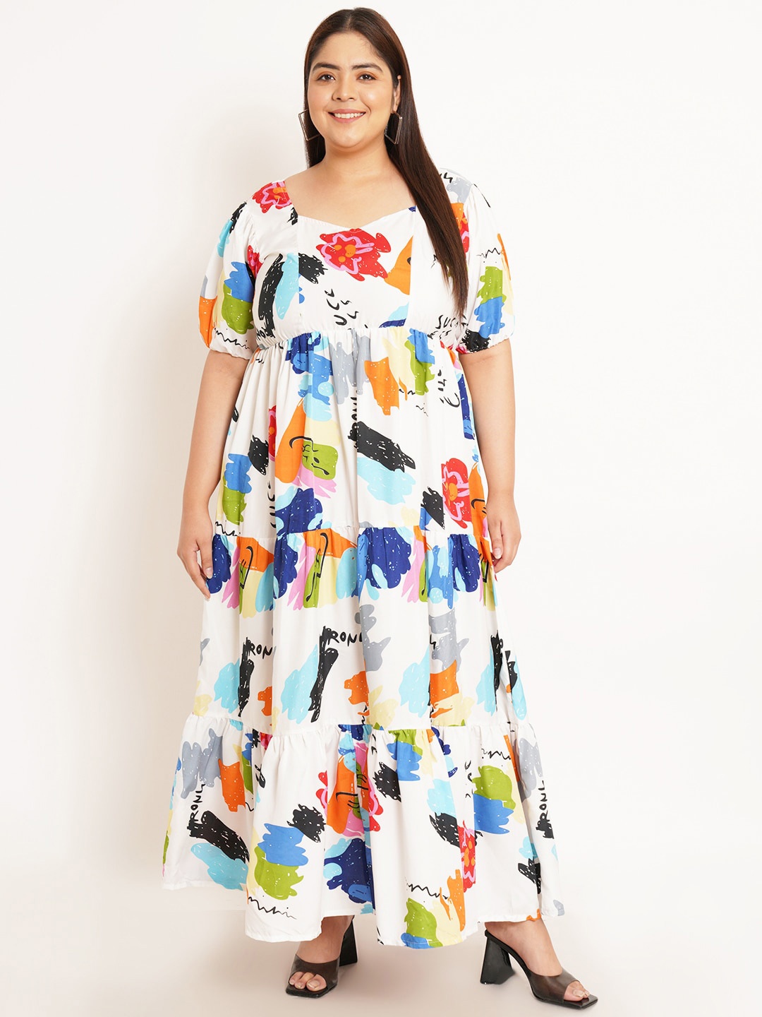 

U&F Beyond Plus Size Abstract Printed Puff Sleeve Maxi Dress, White