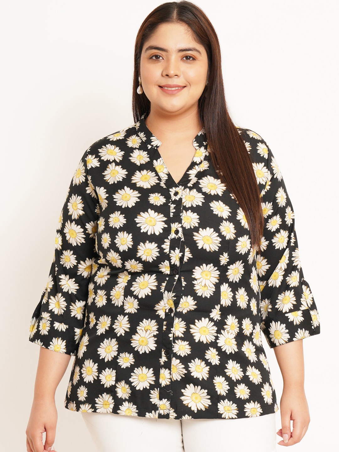 

U&F Beyond Plus Size Floral Printed Mandarin Collar Shirt Style Top, Black