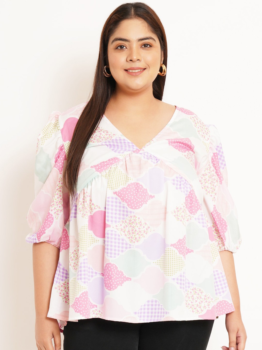 

U&F Beyond Geometric Printed Puff Sleeves A Line Top, White