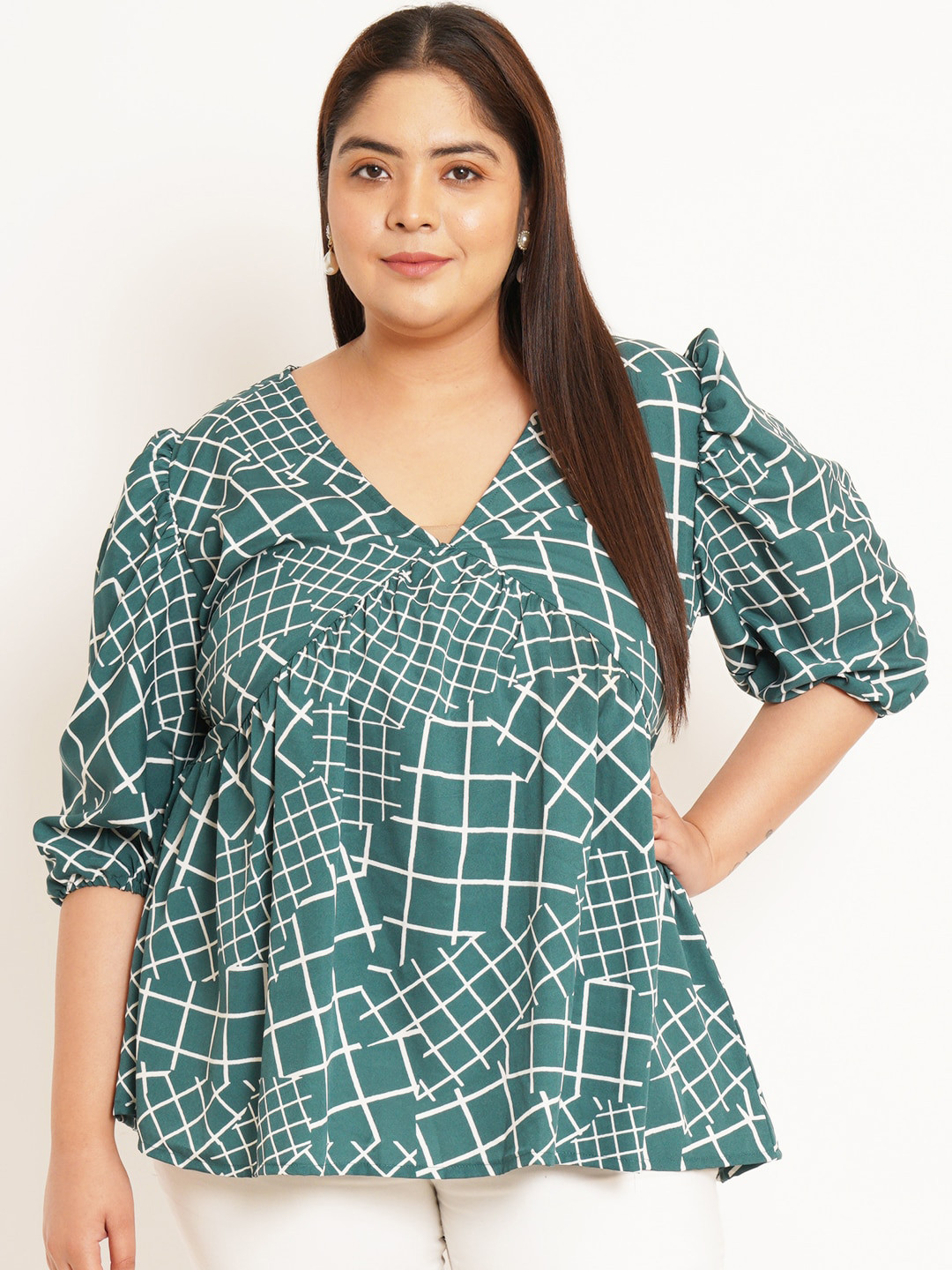 

U&F Beyond Plus Size Checked Puff Sleeve Gathered Or Pleated Empire Top, Green