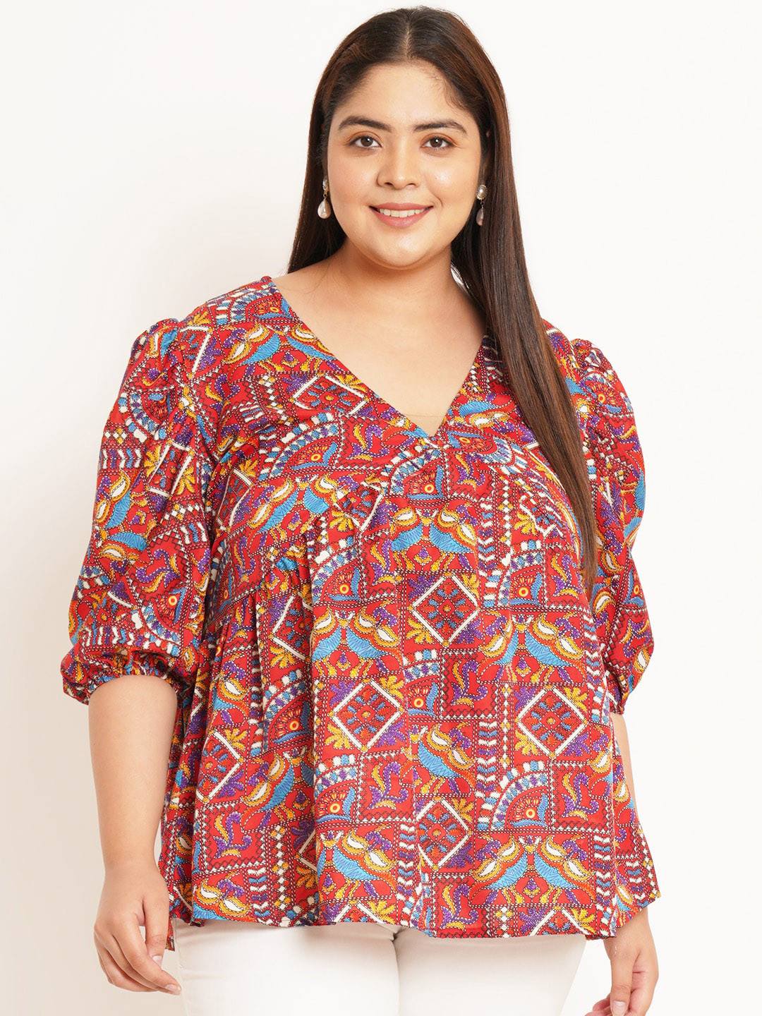 

U&F Beyond Ethnic Motifs Printed Puff Sleeves A Line Top, Multi