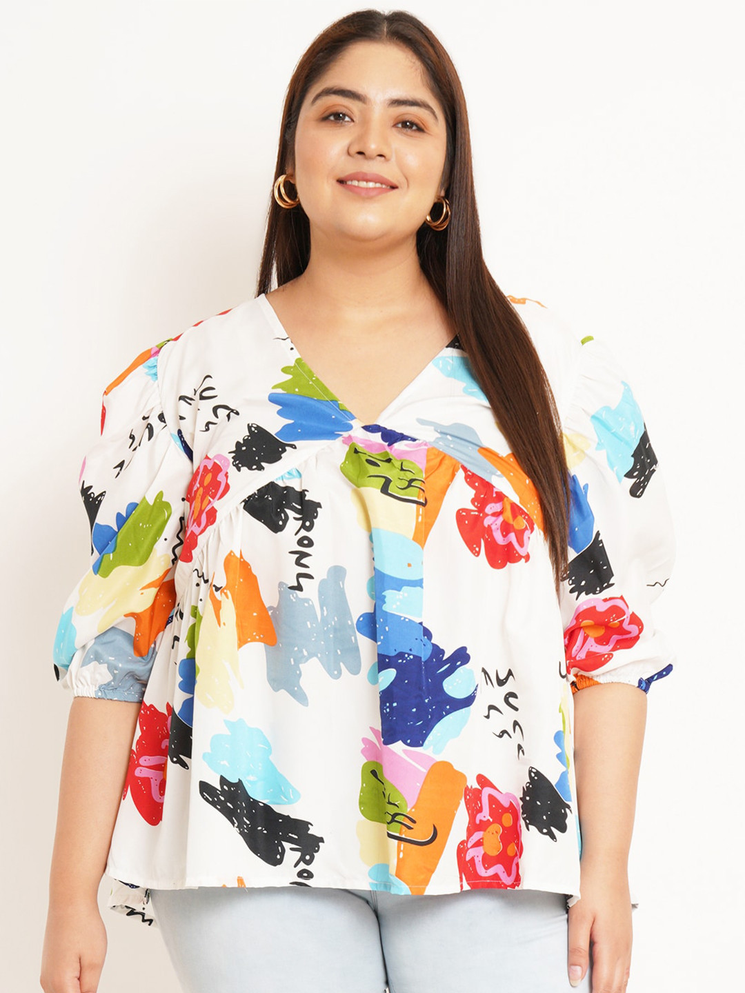 

U&F Beyond Abstract Printed Puff Sleeves A Line Top, White