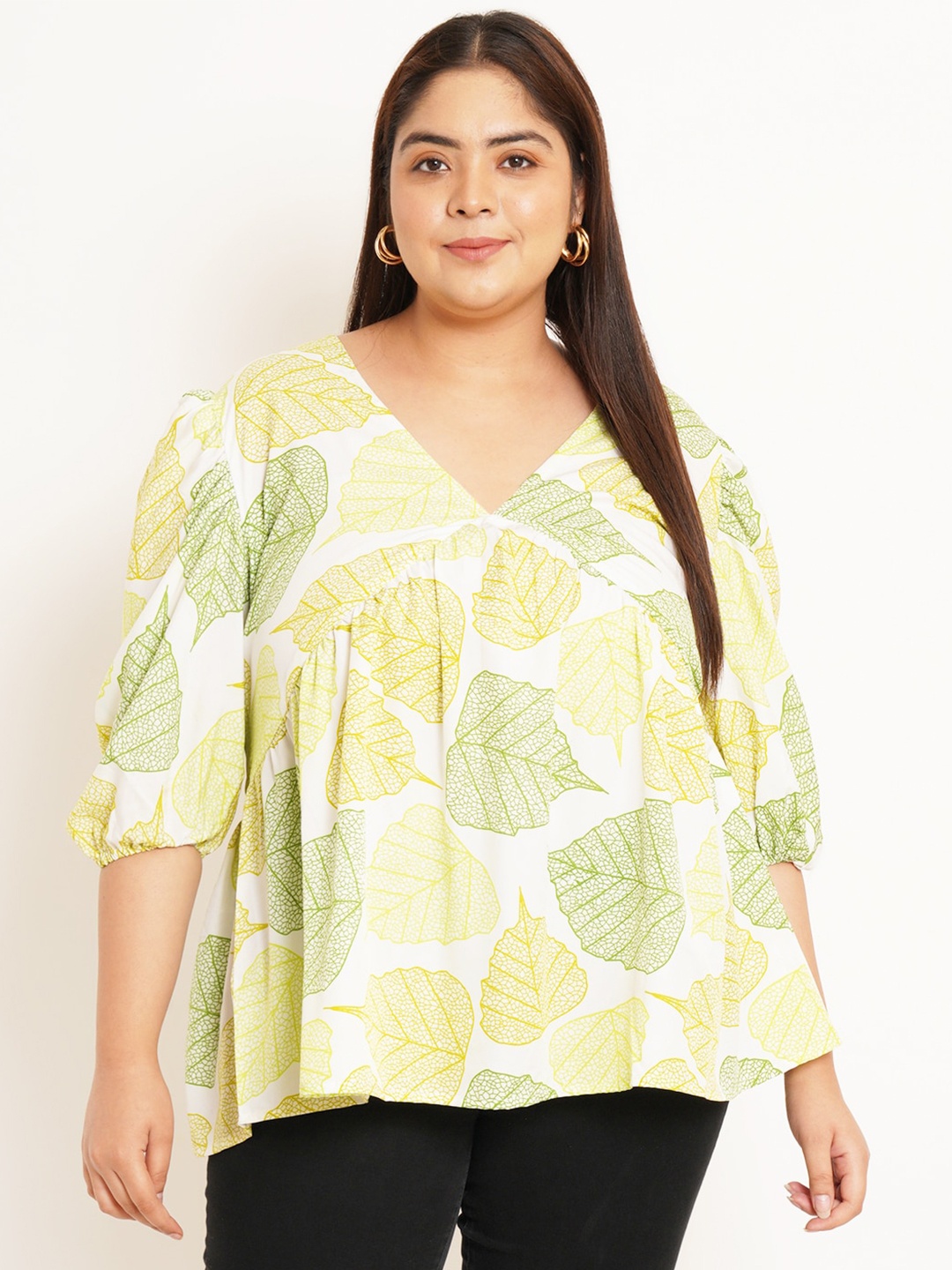 

U&F Beyond Plus Size Floral Printed Puffed Sleeves Gathered or Pleated Empire Top, White