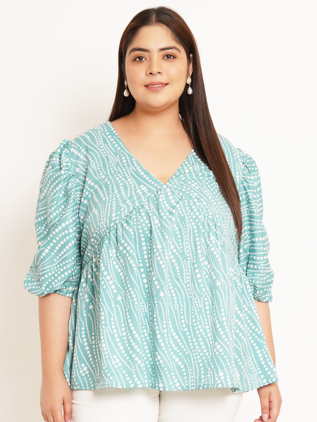 

U&F Beyond Abstract Printed Puff Sleeves A Line Top, Blue