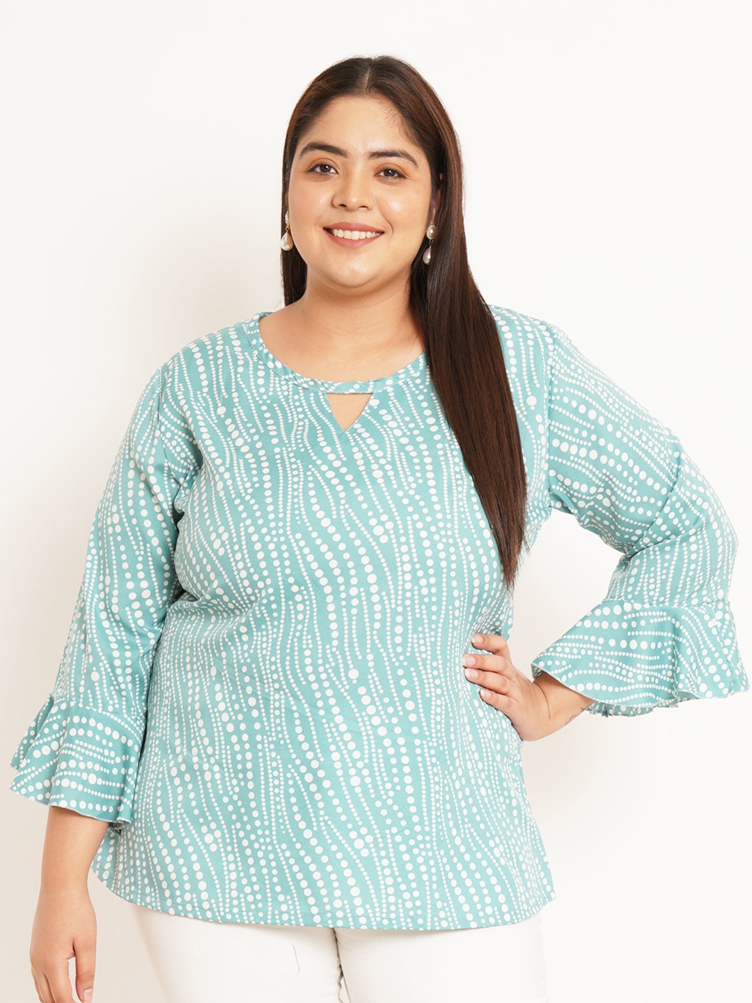 

U&F Beyond Plus Size Geometric Printed Keyhole Neck Bell Sleeve Top, Turquoise blue