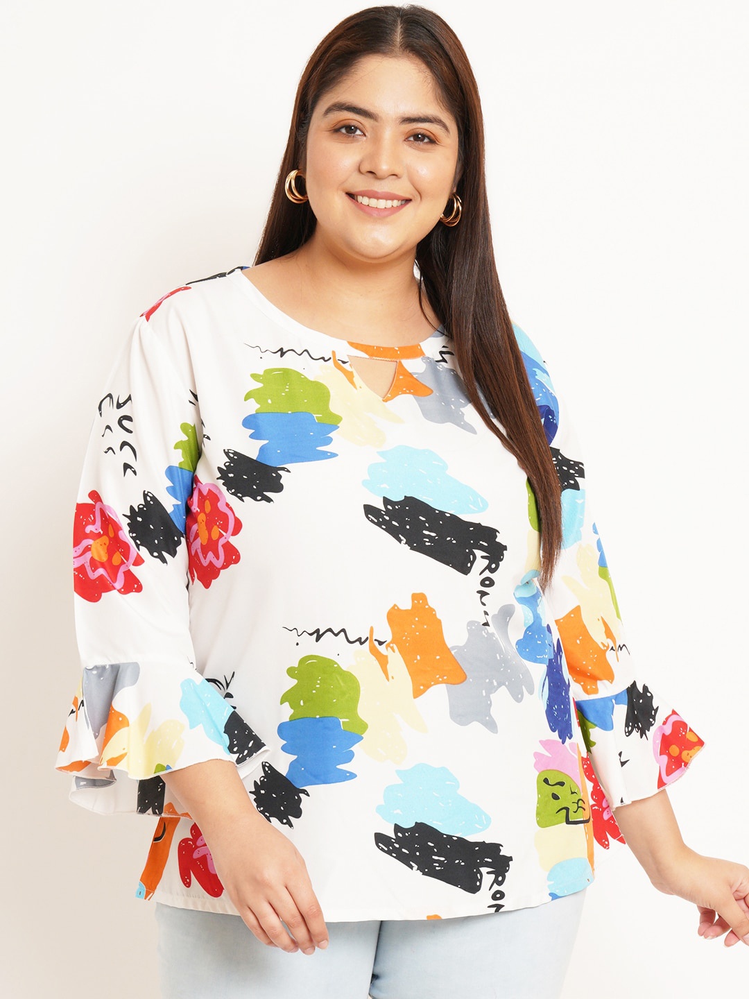 

U&F Beyond Plus Size Abstract Printed Bell Sleeves Cut Out A-Line Top, White