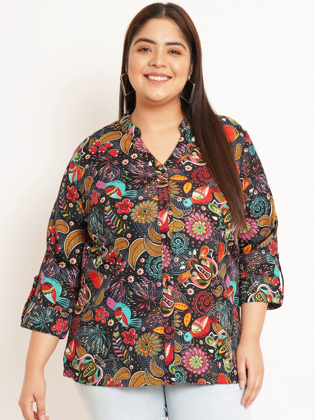 

U&F Beyond Plus Size Ethnic Motifs Printed Mandarin Collar Roll-Up Sleeves Shirt Style Top, Black