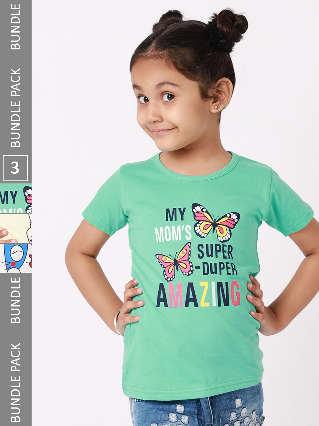 

BAESD Girls Pack Of 3 Printed Round Neck Cotton T-shirts, Green