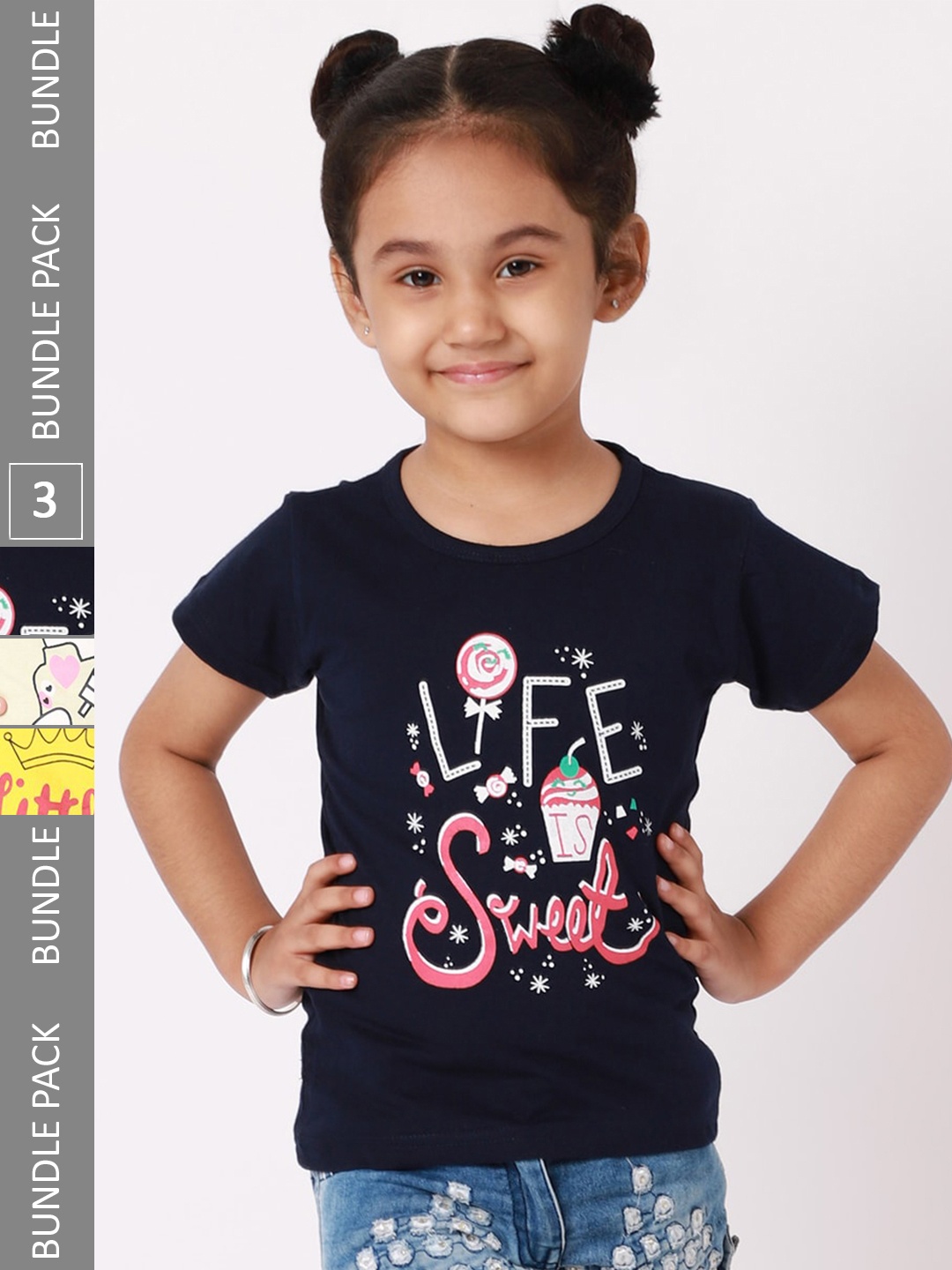 

BAESD Girls Pack Of 3 Typography Printed Cotton T-shirts, Navy blue