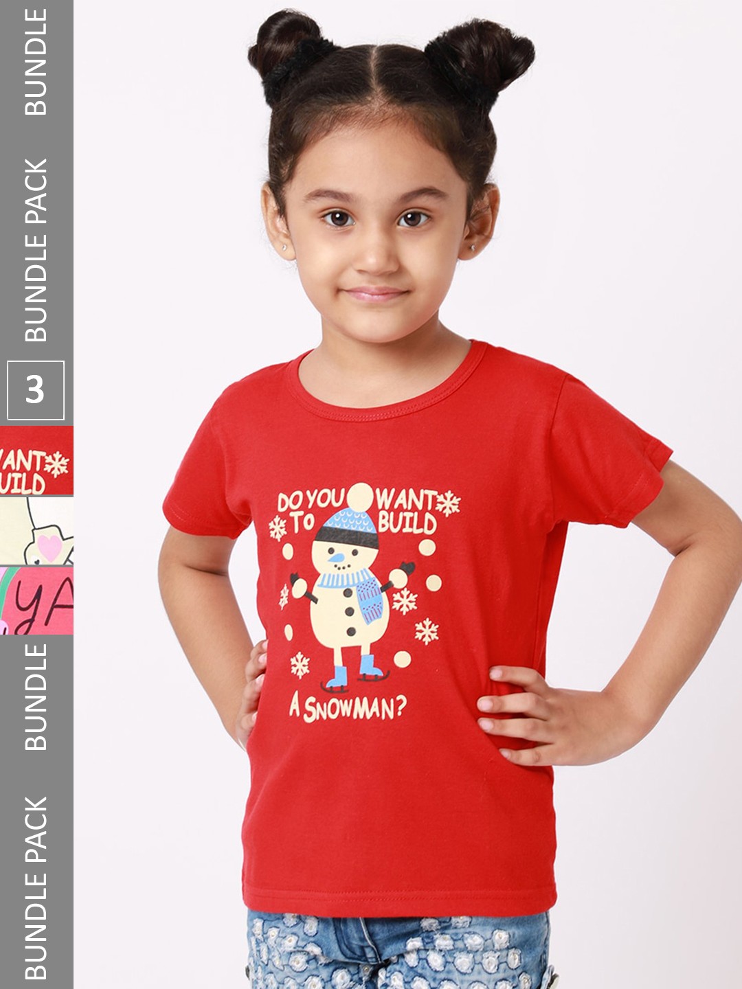 

BAESD Girls Pack Of 3 Printed Cotton T-shirts, Red