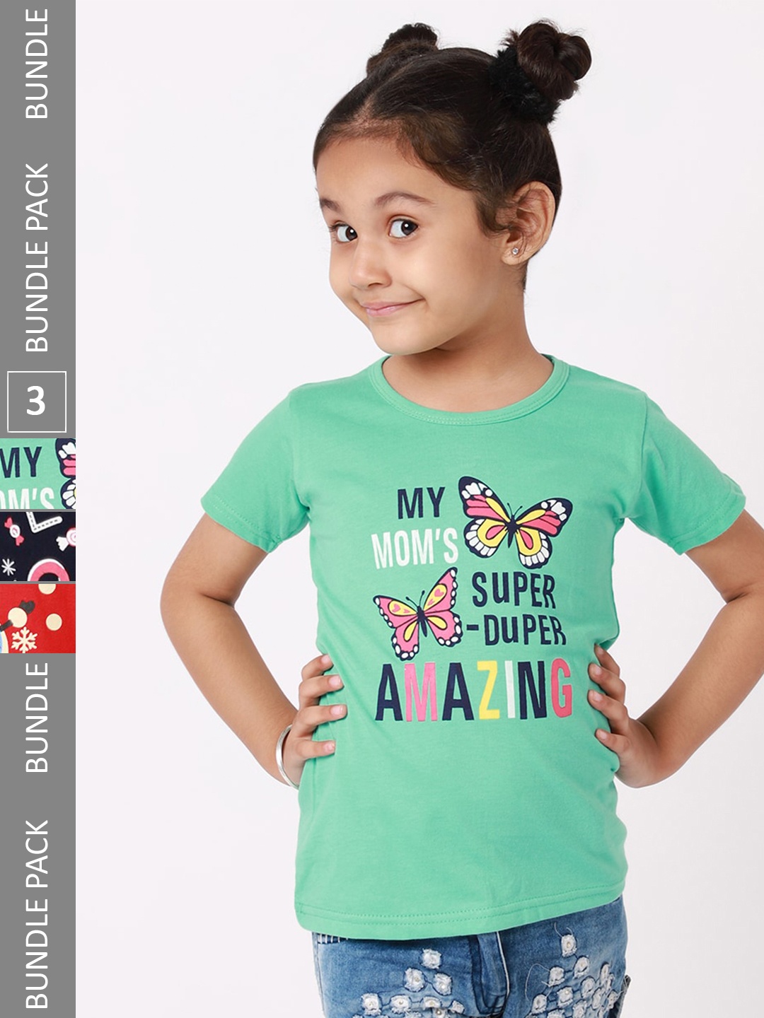 

BAESD Girls Pack of 3 Printed Regular Fit Cotton T-shirts, Green