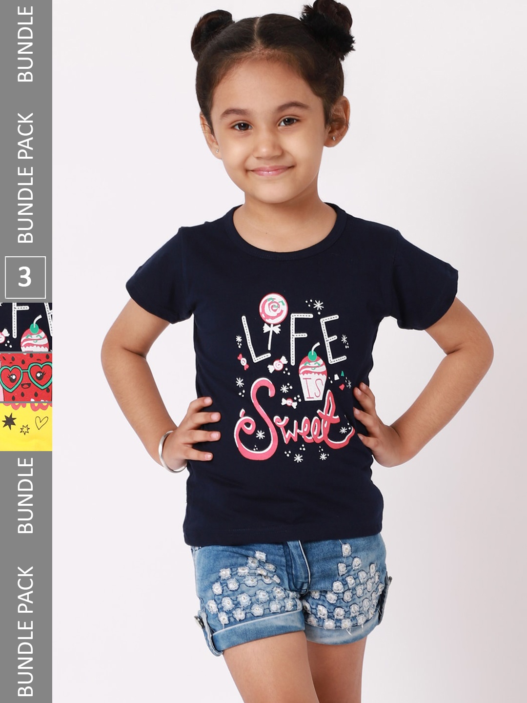 

BAESD Girls Pack Of 3 Typography Printed Cotton T-shirts, Black