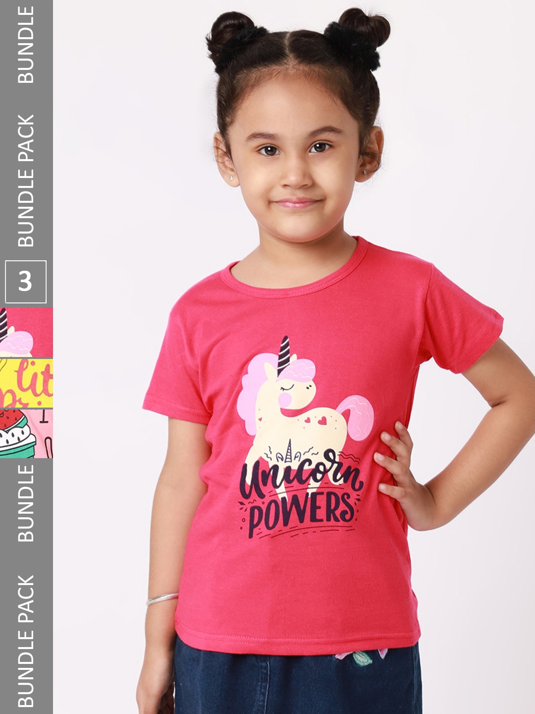 

BAESD Girls Pack Of 3 Graphic Printed Round Neck Cotton T-shirt, Pink