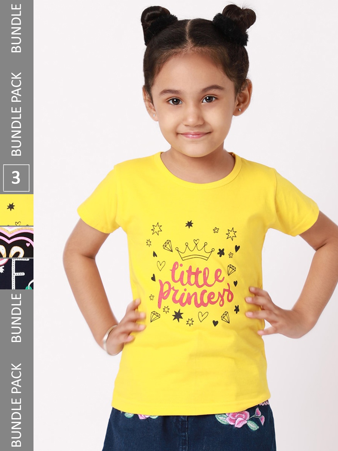 

BAESD Girls Pack Of 3 Graphic Printed Round Neck Cotton T-shirt, Yellow