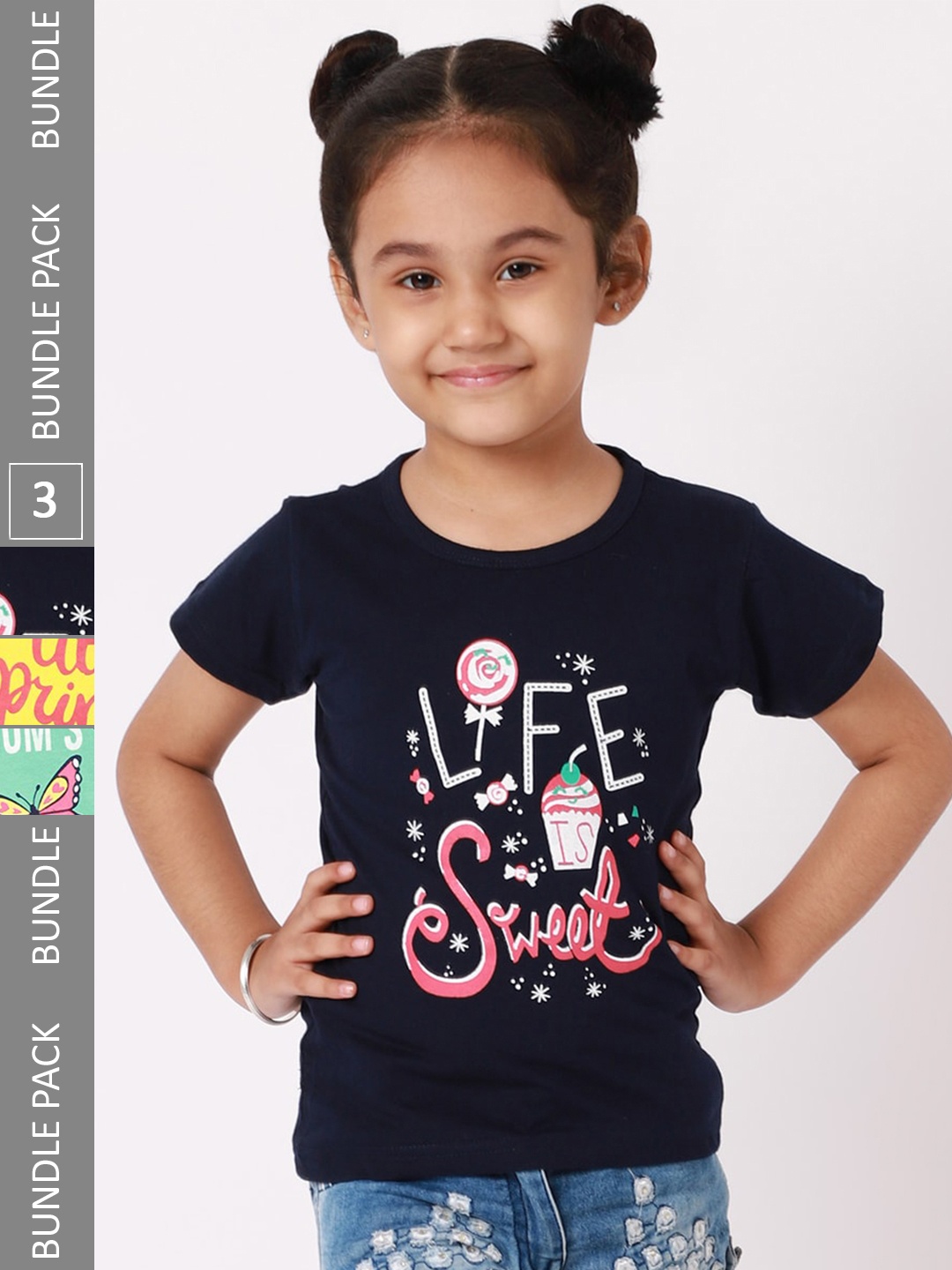 

BAESD Grils Pack Of 3 Typography Printed Regular Fit Cotton Tshirt, Black