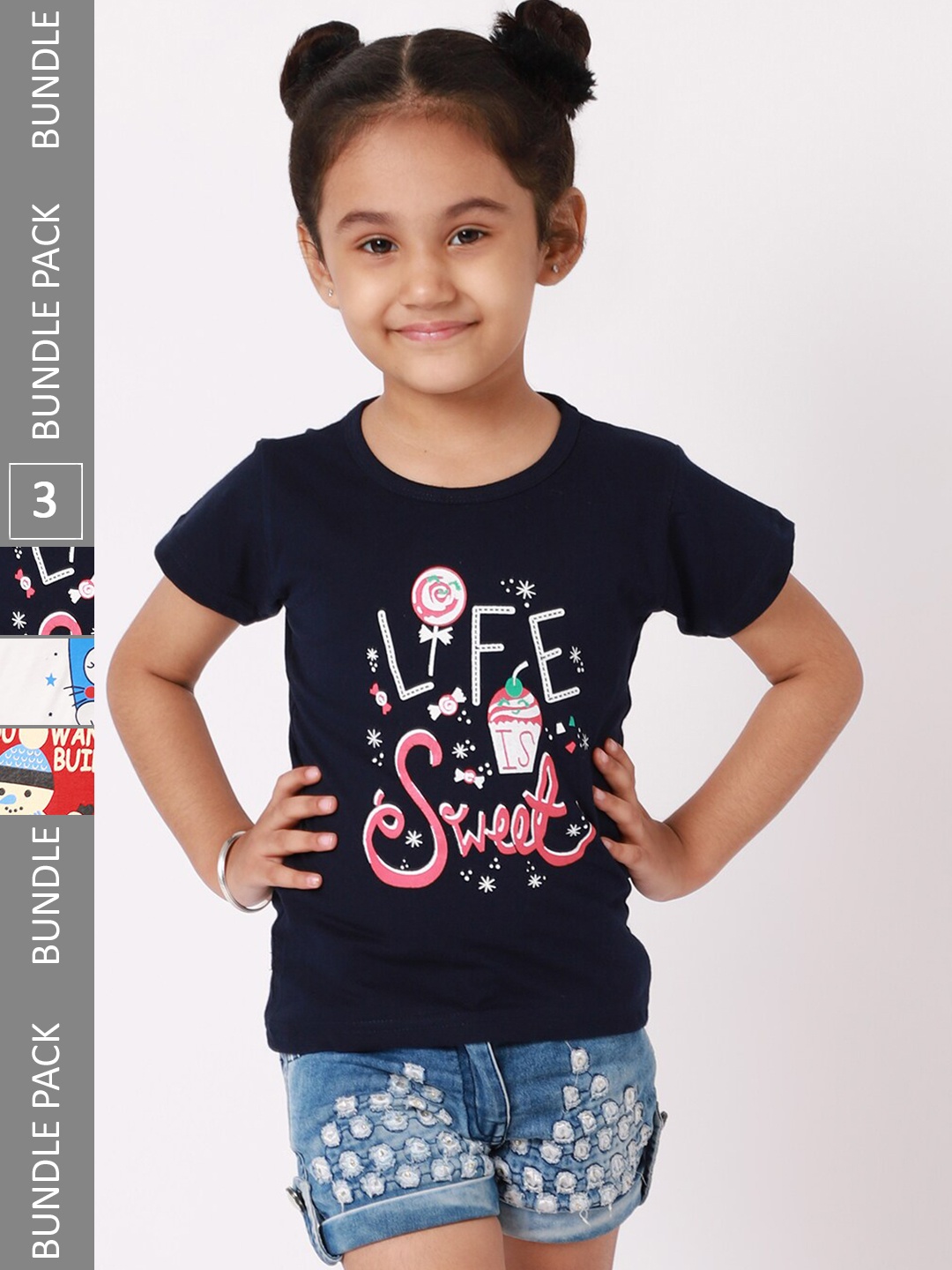 

BAESD Girls Pack Of 3 Graphic Printed Cotton T-shirts, Navy blue