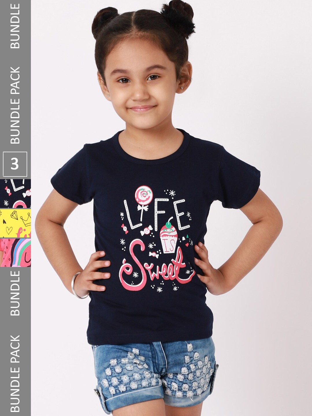 

BAESD Girls Pack of 3 Typography Printed Cotton T-shirts, Navy blue
