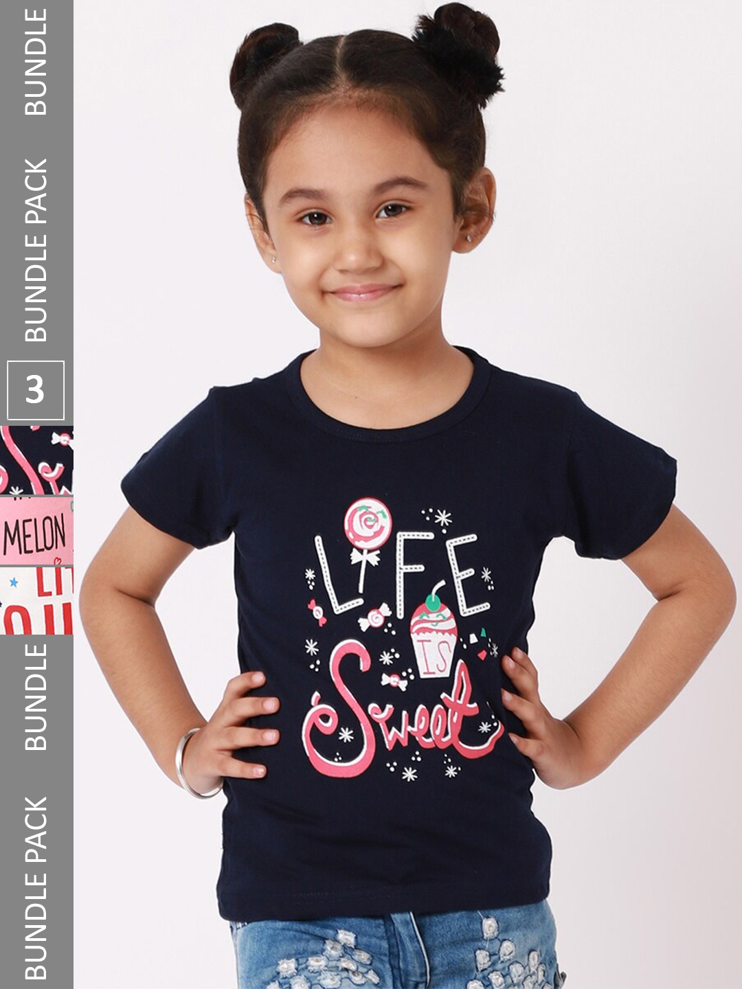 

BAESD Girls Pack Of 3 Graphic Printed Cotton T-Shirt, Navy blue
