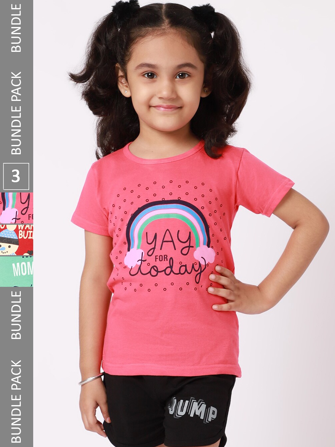 

BAESD Girls Pack Of 3 Typography Printed Cotton T-shirt, Pink