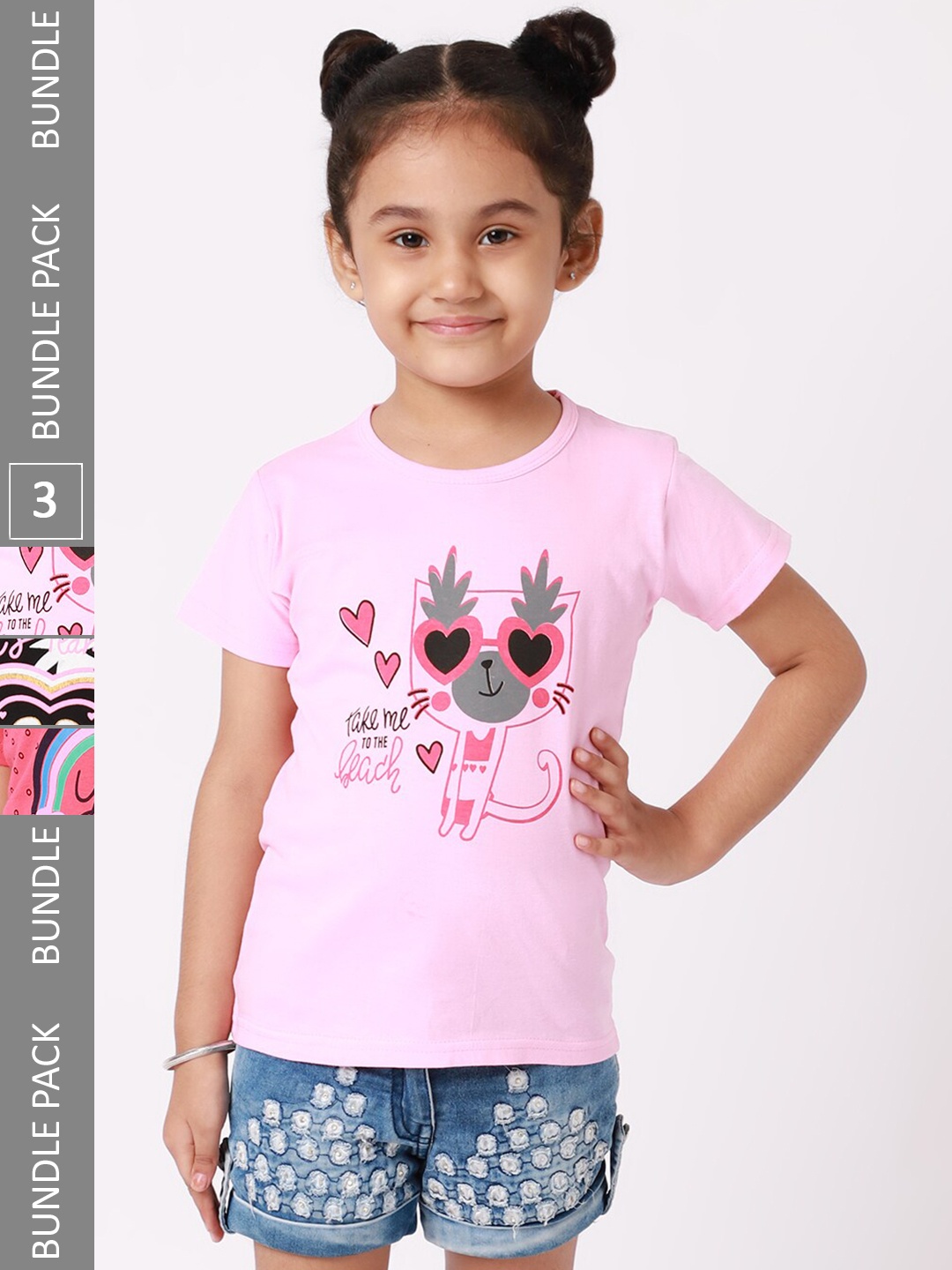 

BAESD Girls Pack Of 3 Printed Cotton T-shirt, Pink