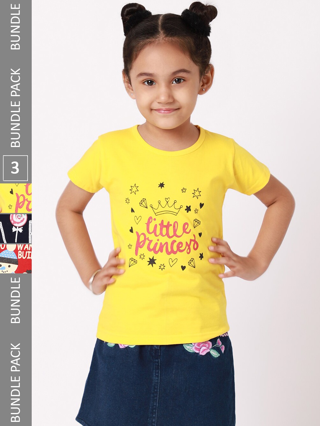 

BAESD Girls Pack Of 3 Graphic Printed Cotton T-Shirt, Yellow