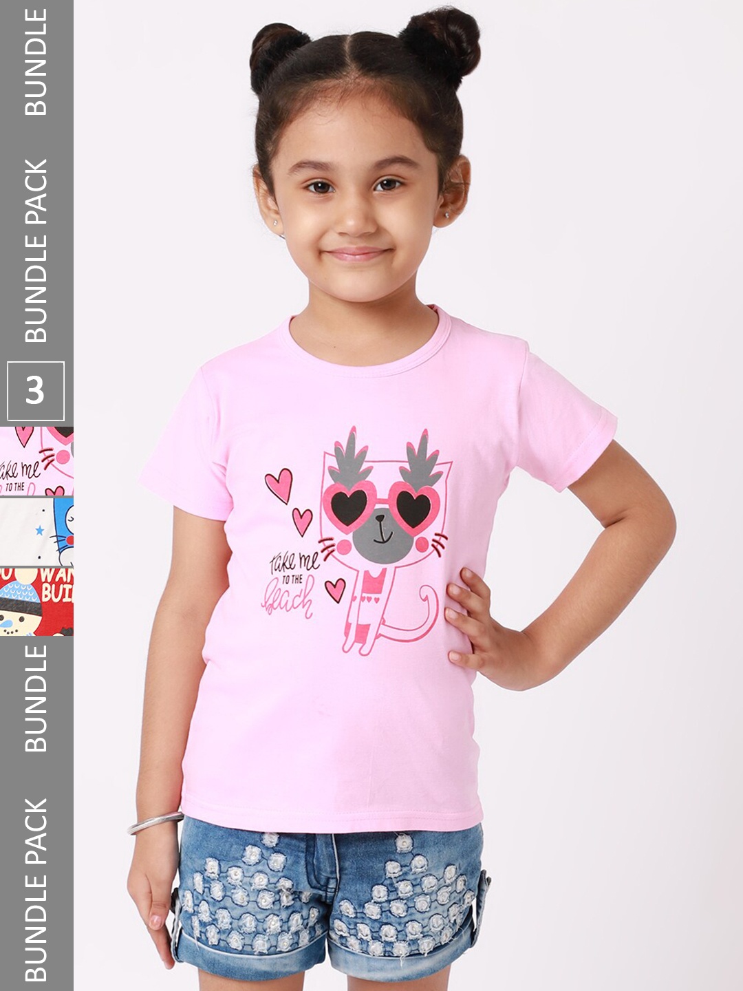 

BAESD Girls Pack Of 3 Conversational Printed Cotton T-shirt, Pink