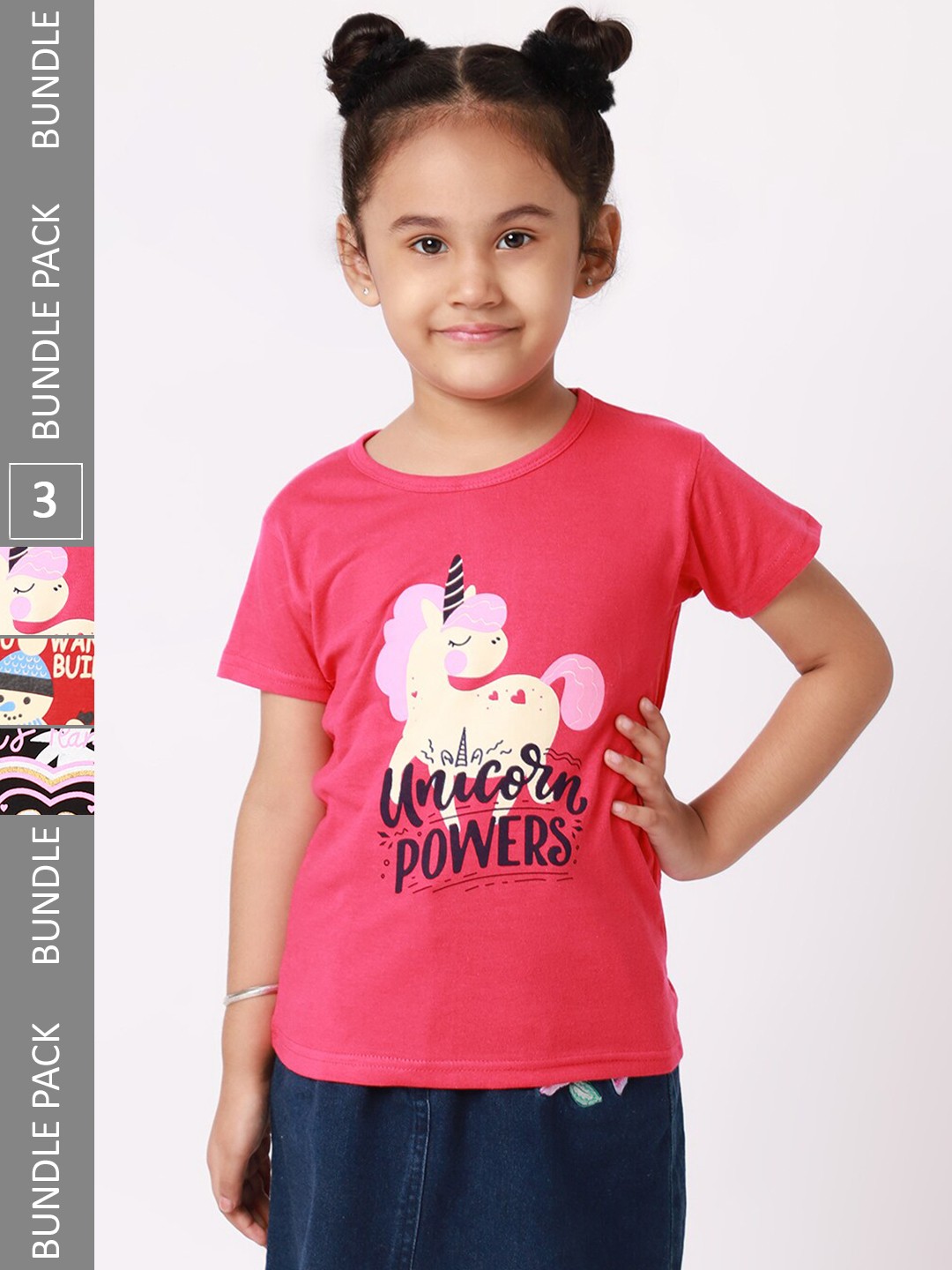 

BAESD Girls Pack Of 3 Graphic Printed Round Neck Cotton T-shirt, Pink