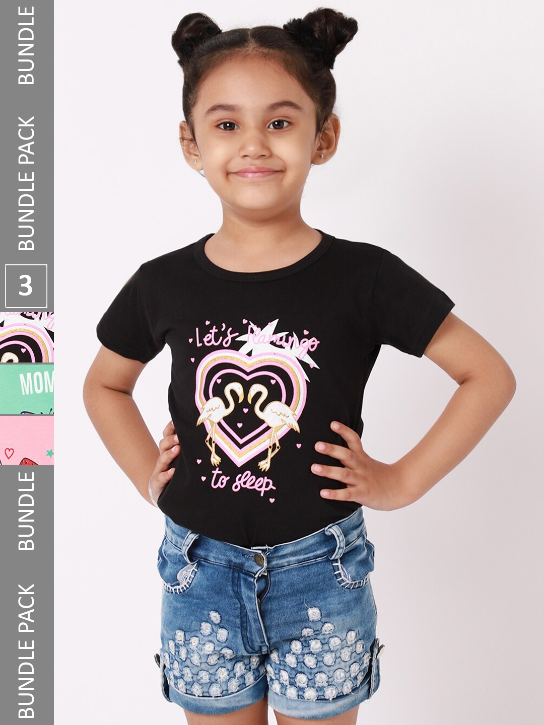 

BAESD Girls Pack Of 3 Typography Printed Cotton T-shirts, Black