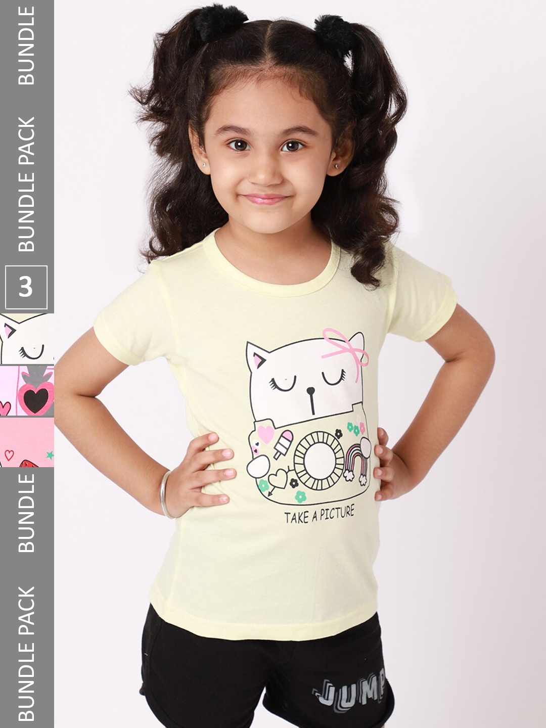 

BAESD Girls Pack of 3 Printed Regular Fit Cotton T-shirts, Yellow