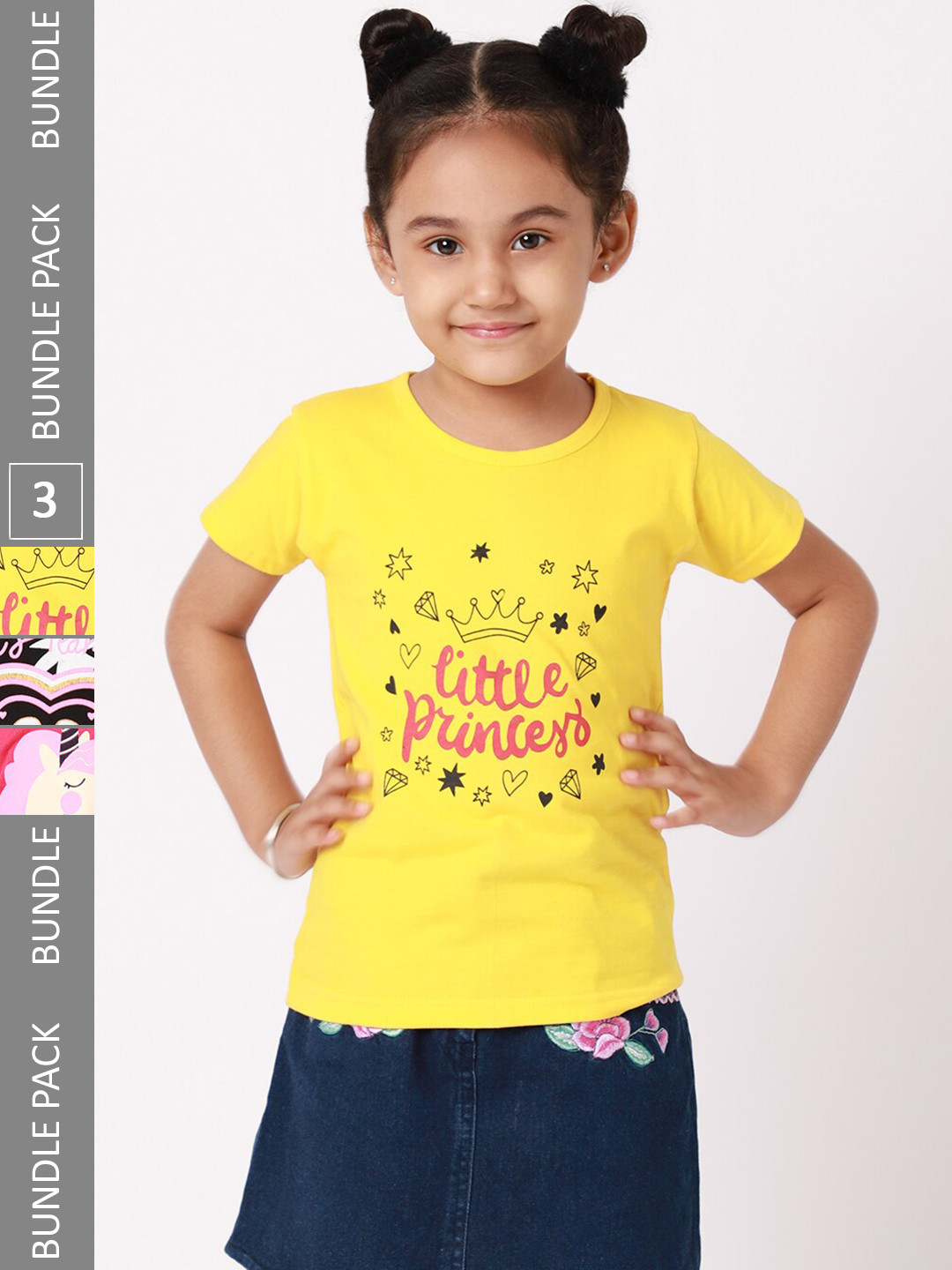 

BAESD Girls Pack Of 3 Printed Round Neck Cotton T-shirts, Yellow