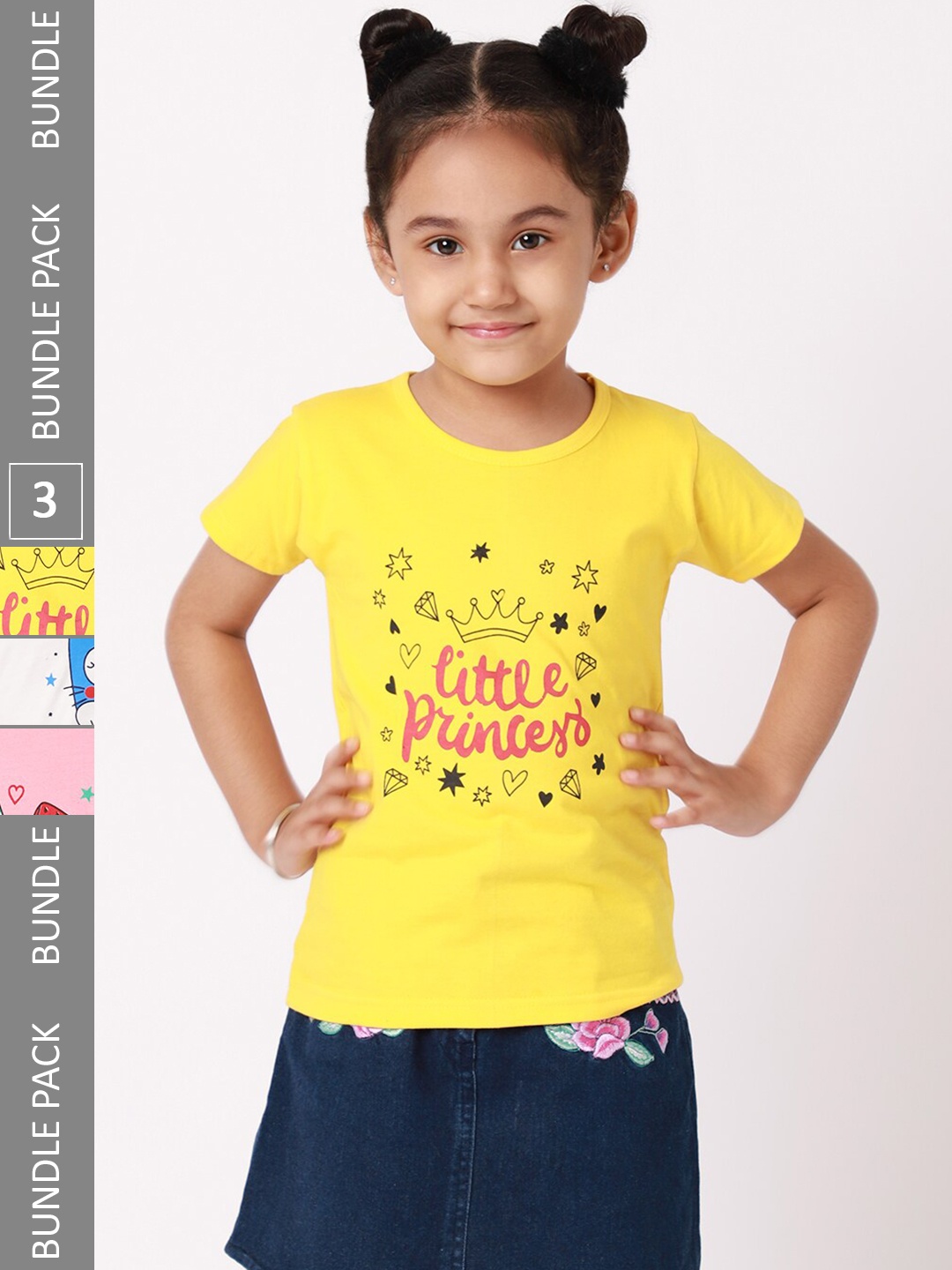 

BAESD Girls Pack Of 3 Typography Printed Cotton T-shirt, Yellow