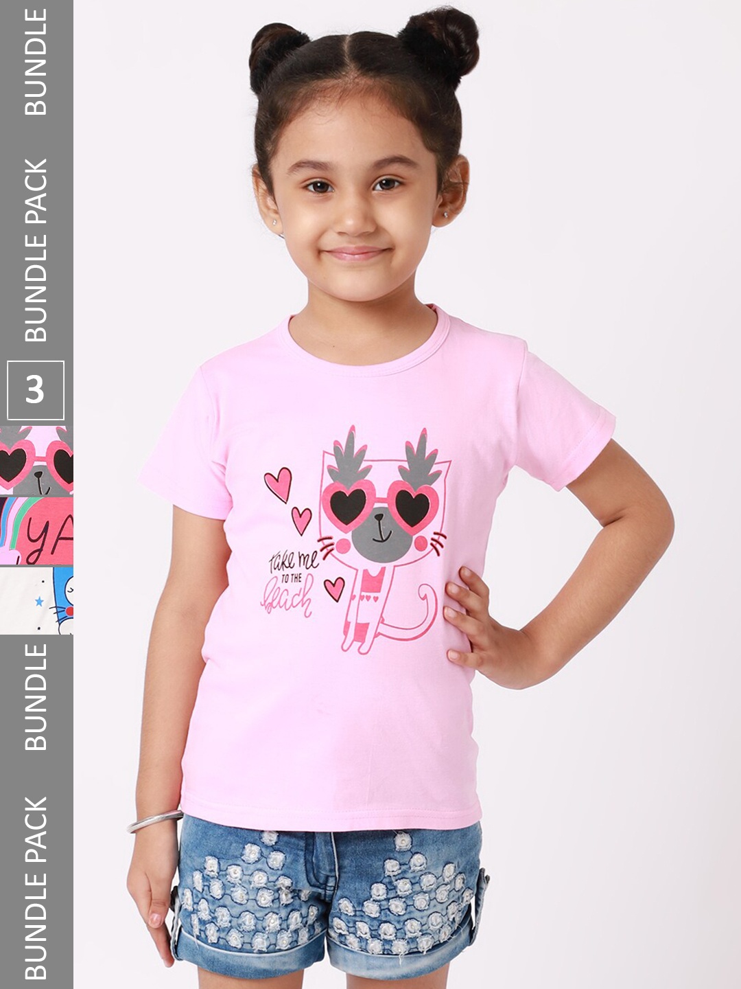 

BAESD Girls Pack Of 3 Printed Cotton T-shirt, Pink