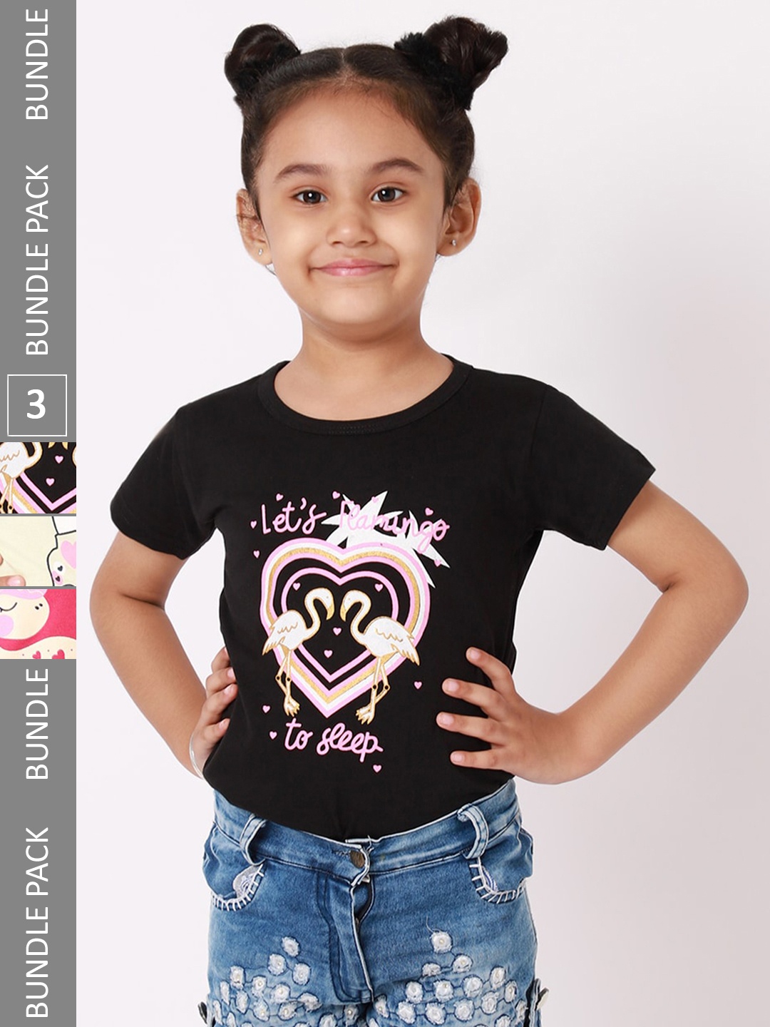 

BAESD Girls Pack Of 3 Graphic Printed Cotton T-shirt, Black