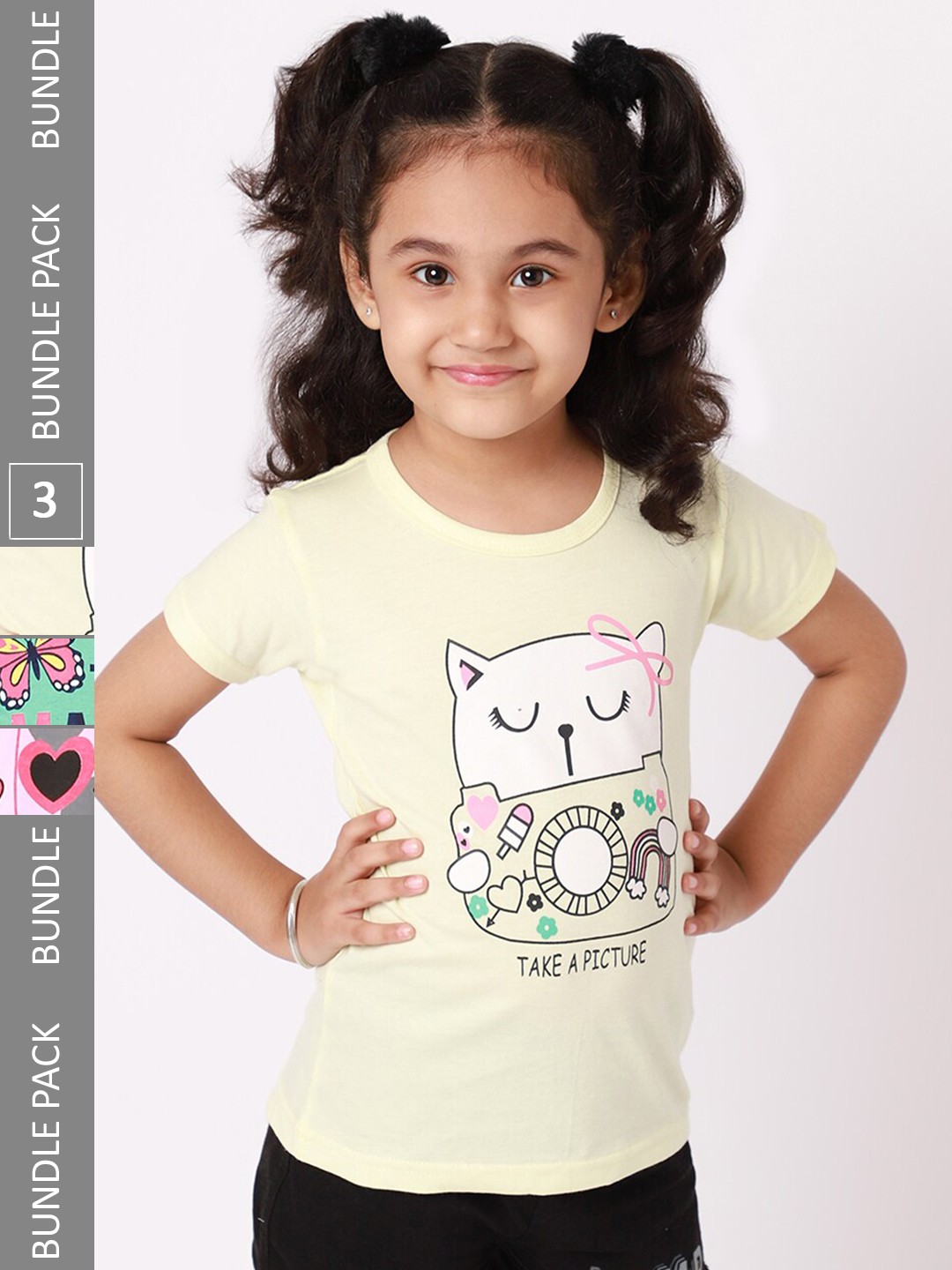 

BAESD Girls Pack Of 3 Printed Round Neck Cotton T-shirts, Yellow