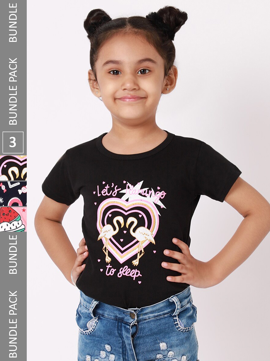 

BAESD Girls Pack Of 3 Graphic Printed Cotton T-shirts, Navy blue
