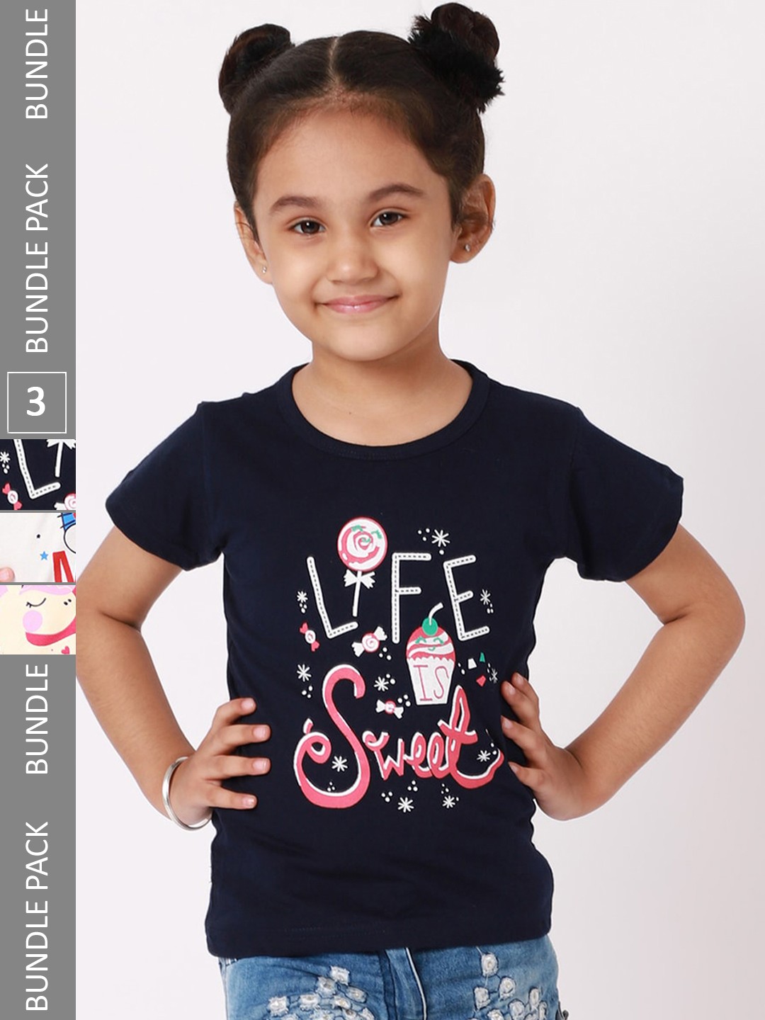 

BAESD Girls Pack Of 3 Printed Cotton T-shirt, Navy blue