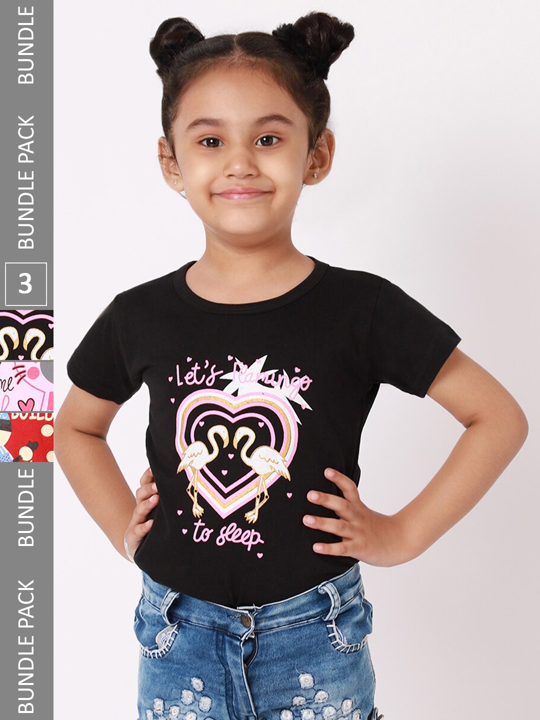 

BAESD Girls Pack of 3 Printed Regular Fit Cotton T-shirts, Black