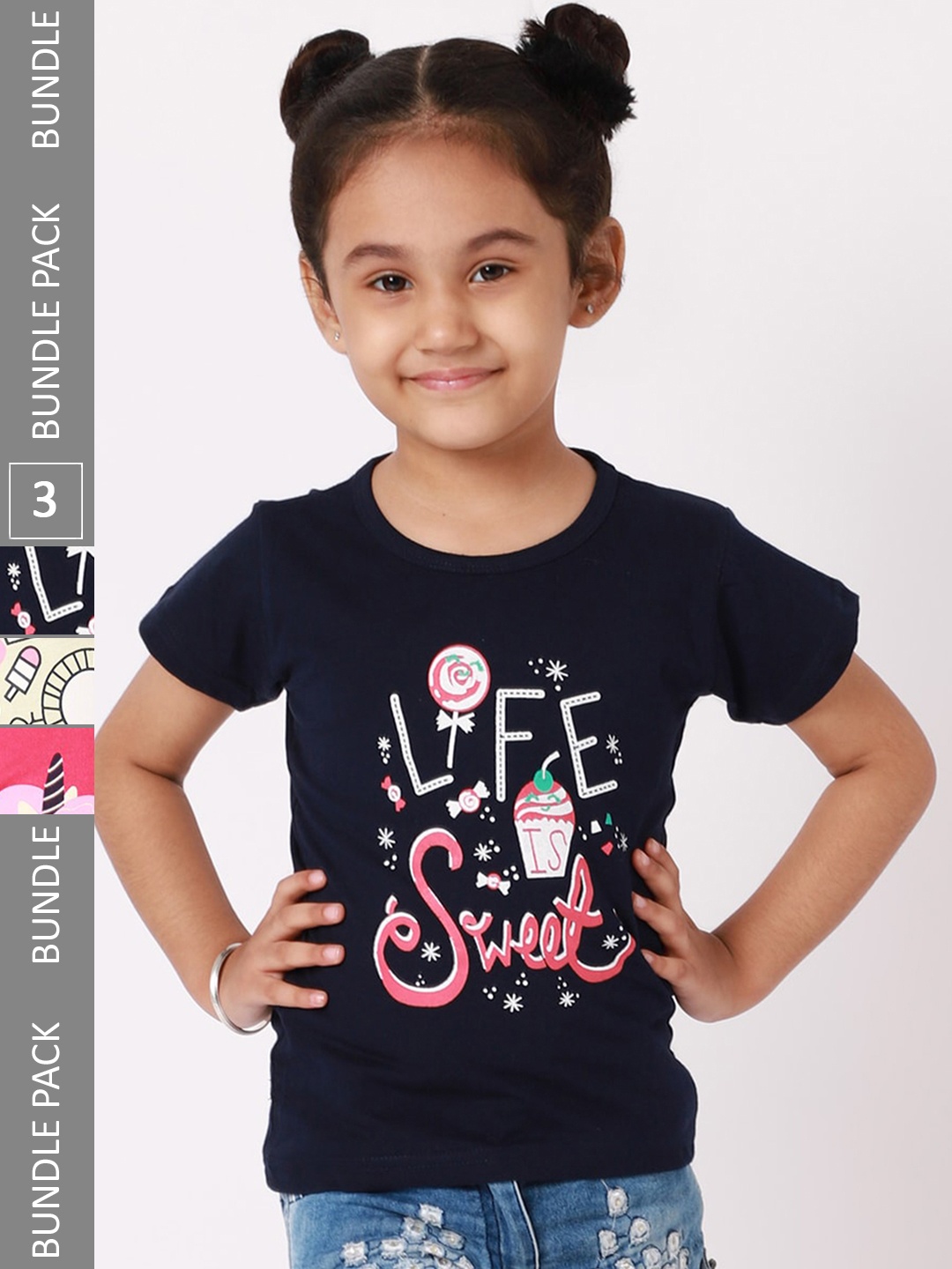 

BAESD Girls Pack Of 3 Typography Printed Cotton T-shirt, Black