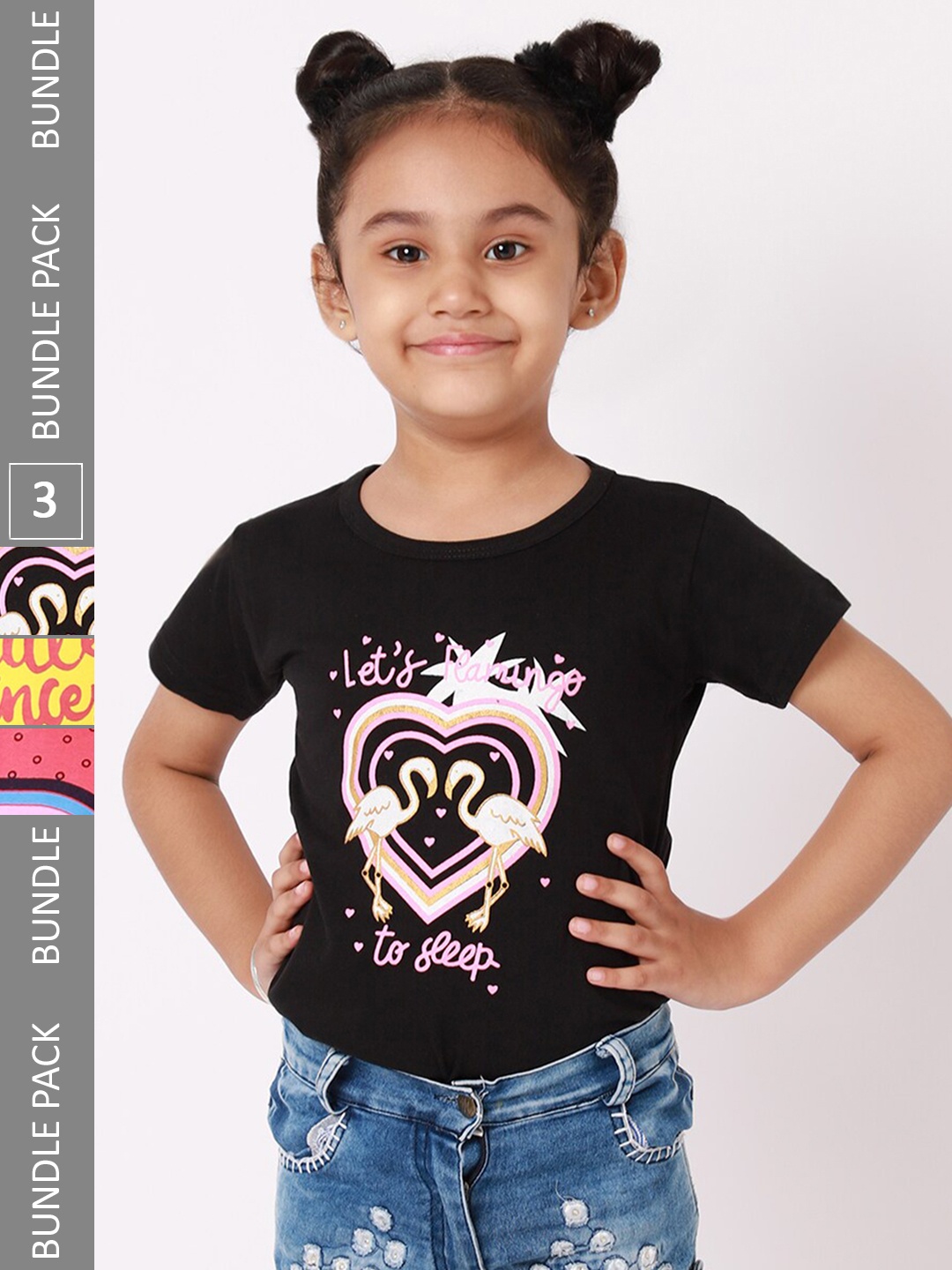 

BAESD Girls Pack of 3 Printed Regular Fit Cotton T-shirts, Black
